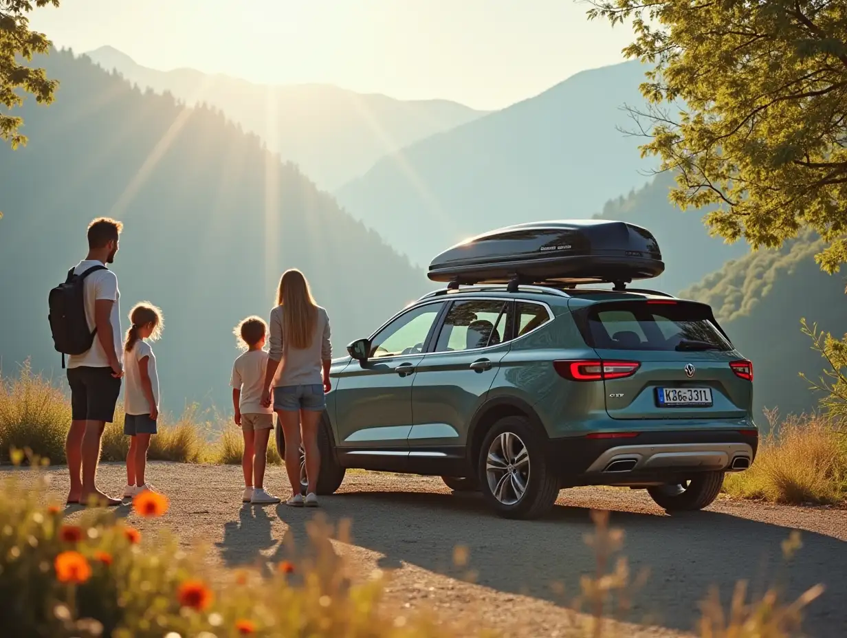 a family of 4 stood by a modern european car with a roofbox on the roof, about to go on holiday