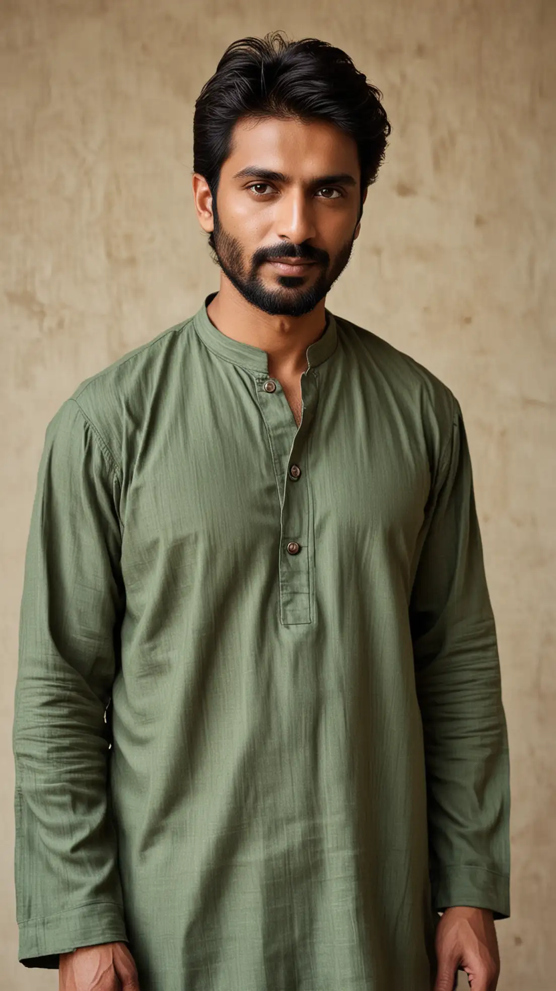 Craft a character portrait of Satish, a man in his 50s, whose unassuming yet quietly intense presence belies a simmering inner passion. Depict him with a lean, wiry build, his frame suggesting years of steady routine but with a latent strength in his broad shoulders and firm hands. His skin is a warm, sun-kissed brown, weathered slightly by time, with faint lines around his dark, soulful eyes that hint at nostalgia and unspoken desire. His short, dark hair is streaked with silver, slightly disheveled, giving him a rugged, approachable charm. Dress him in a simple, well-fitted kurta and trousers, the fabric slightly wrinkled from a day of exploration, in earthy tones like deep green or charcoal that complement his understated masculinity. The kurta's sleeves are rolled up, revealing toned forearms, and the top button is undone, suggesting a casual confidence. The portrait should capture a man caught between restraint and awakening desire, his gaze sharp and yearning, as if on the cusp of breaking free from his reserved demeanor.