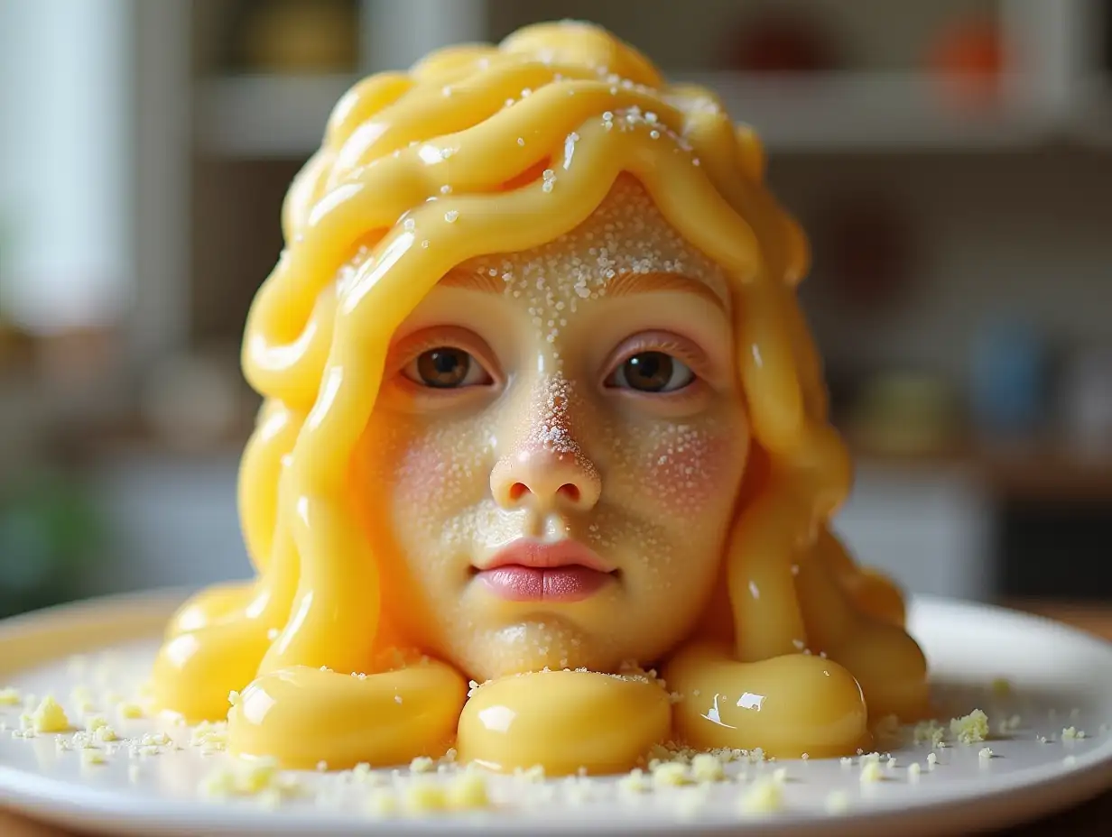 Face transformed into building from pudding