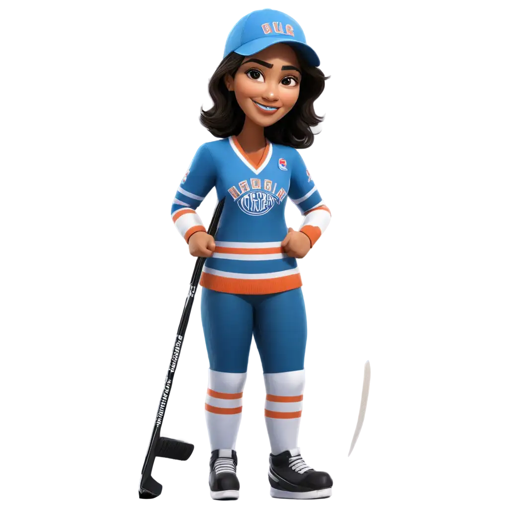 Caricature of a Indian ice hockey mom wearing a uniform holding a hockey stick