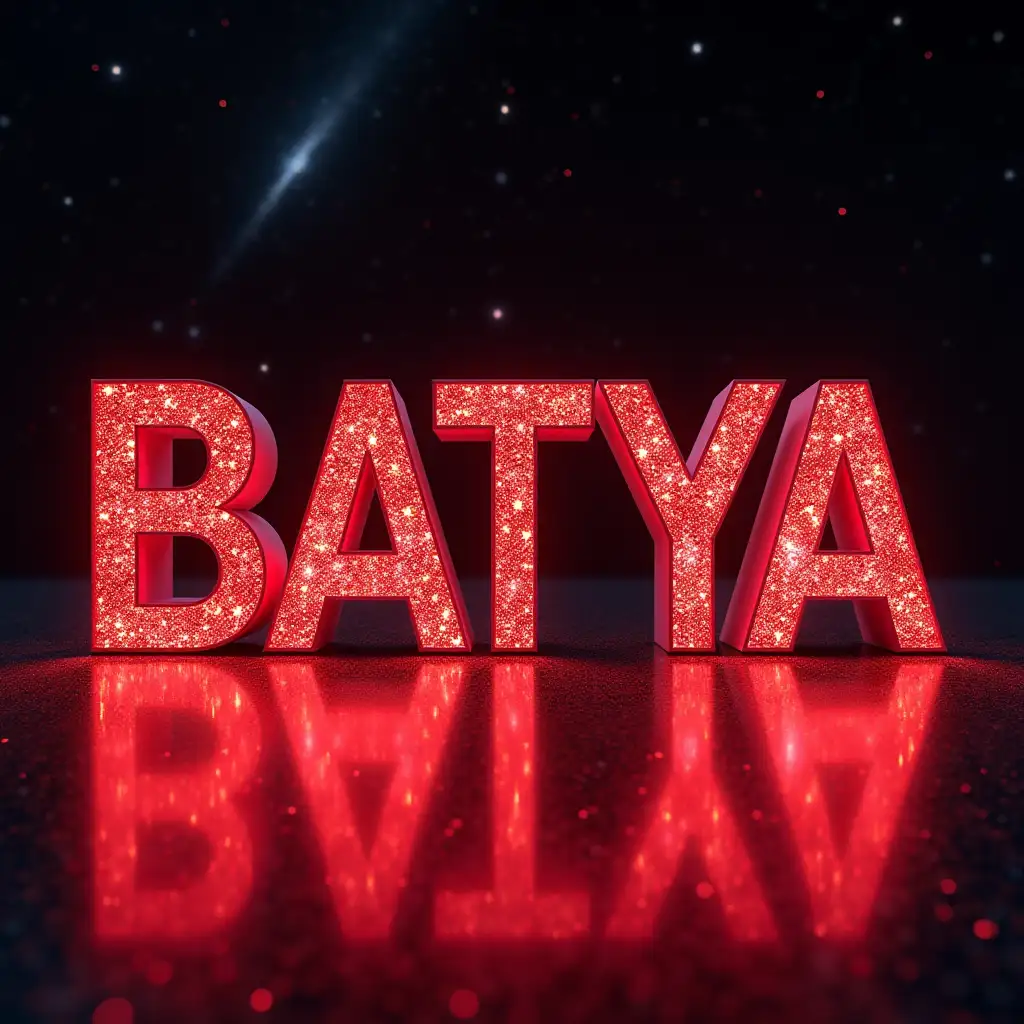 art-object of large volumetric letters 'BATYA', standing on a mirror surface. Letters are sprinkled with sequins, glitter and emit neon light, red color. The mirror surface is cosmic depth with stars, comets, Milky Way, glow, with flashes of fire, reflects letters and light that they radiate. High detail