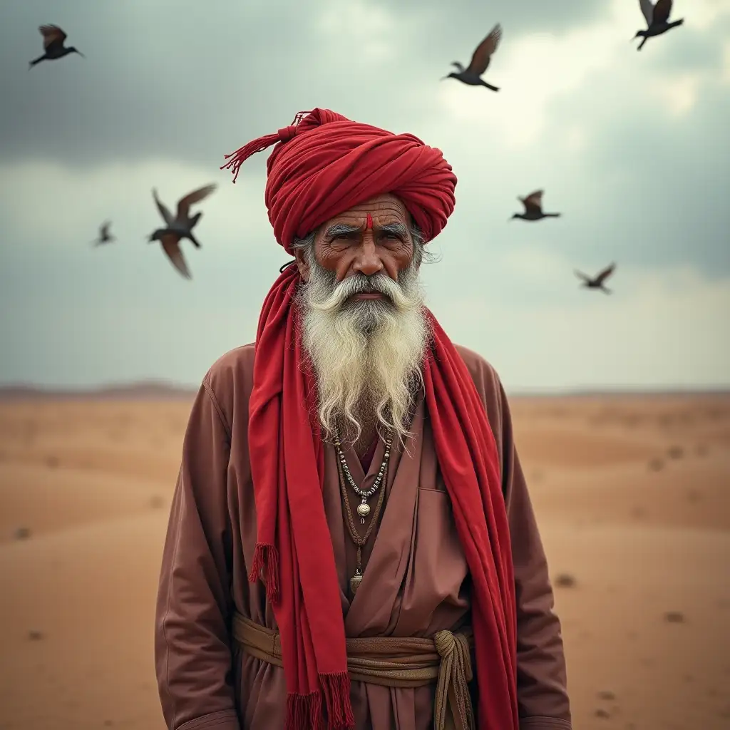 Elderly-Rabari-Man-in-Red-Turban-Amid-Stormy-Desert-Weather