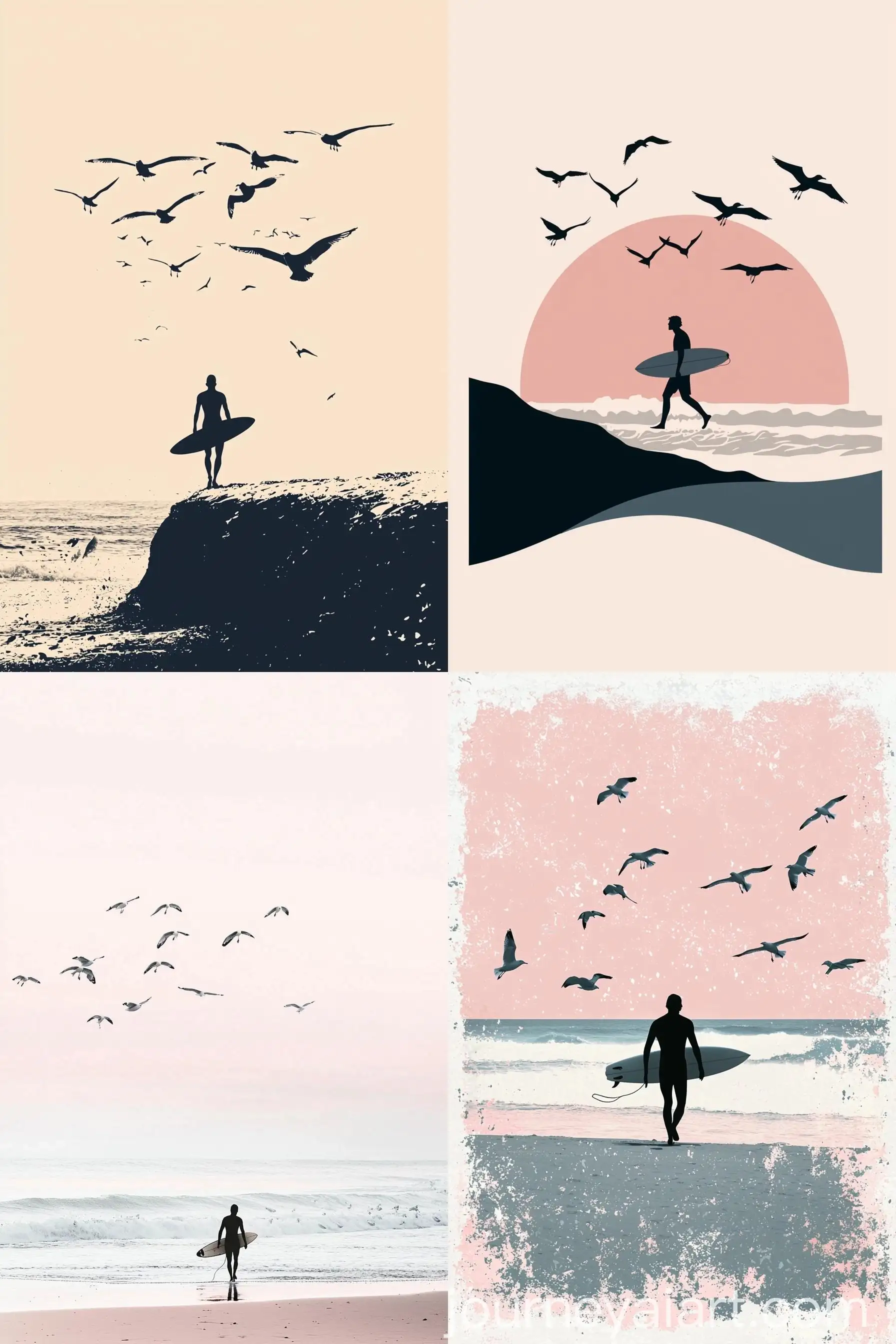Surfer-Walking-on-Beach-with-Surfboard-and-Seagulls