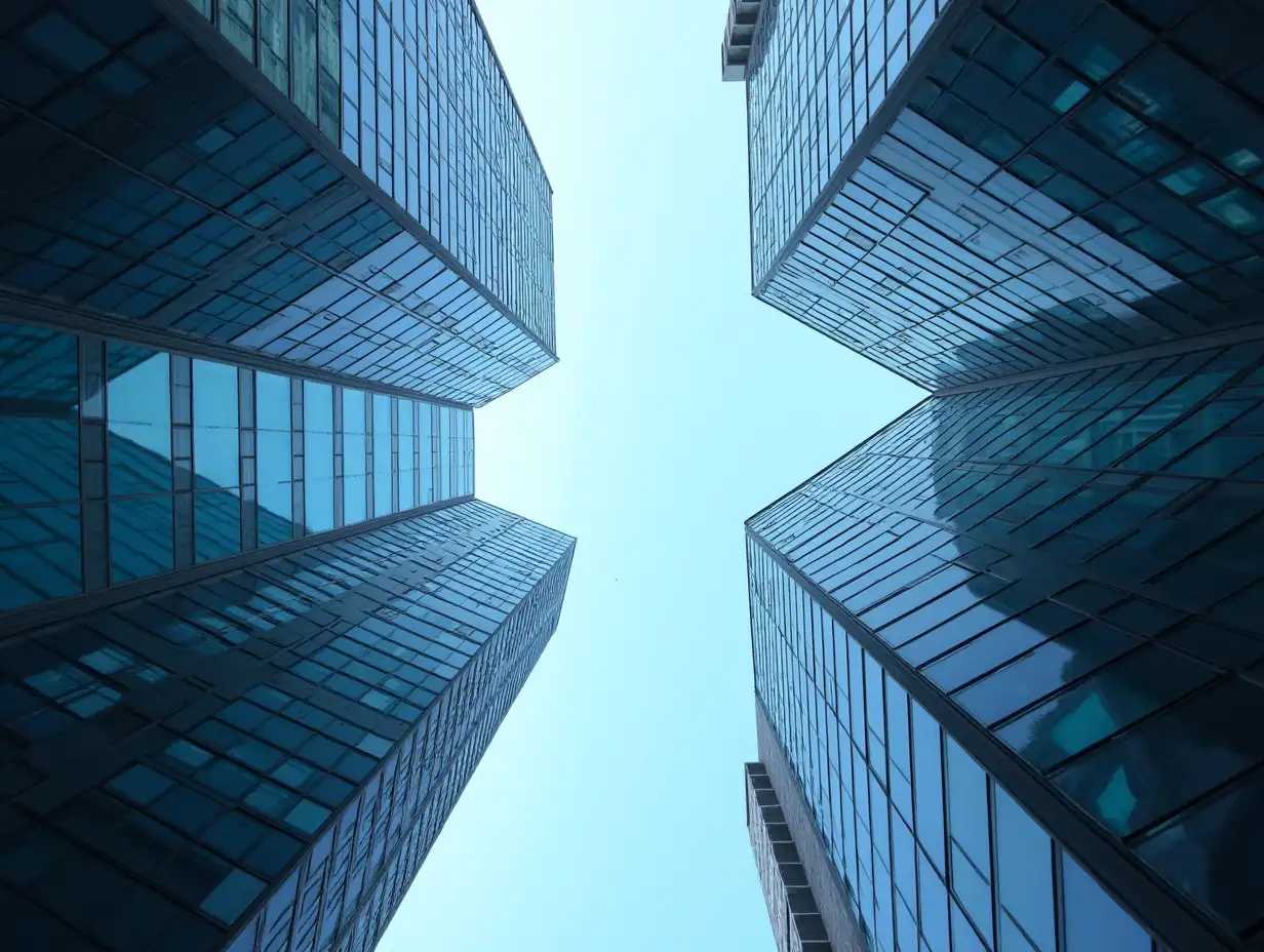 Draw a background image of looking up at a skyscraper, with a clear sky between the buildings, and the glass of the building should have reflection images