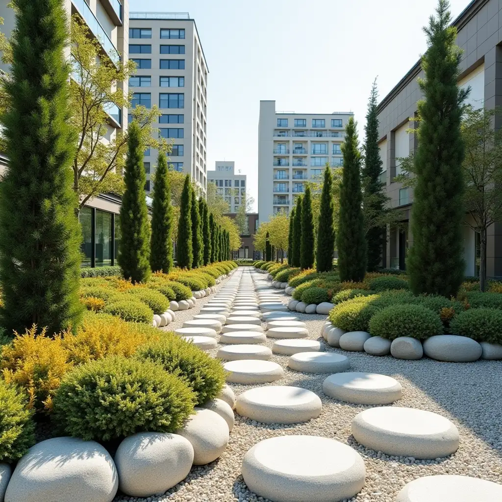 AI-Art-Prompt-ExpansionModern-Urban-Green-Space-with-Gold-and-Silver-Conifers-and-White-Rounded-Stones
