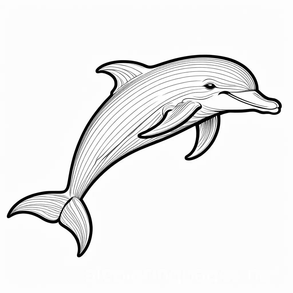 Cartoon dolphin, Coloring Page, black and white, line art, white background, Simplicity, Ample White Space. The background of the coloring page is plain white to make it easy for young children to color within the lines. The outlines of all the subjects are easy to distinguish, making it simple for kids to color without too much difficulty