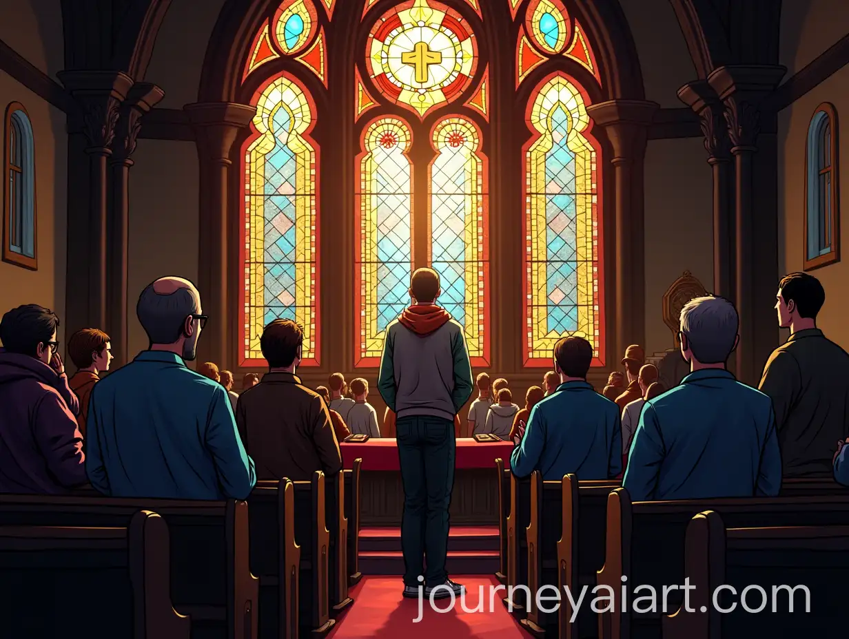 People-Praying-at-Church-in-Front-of-Stained-Glass-Window-in-Comic-Style