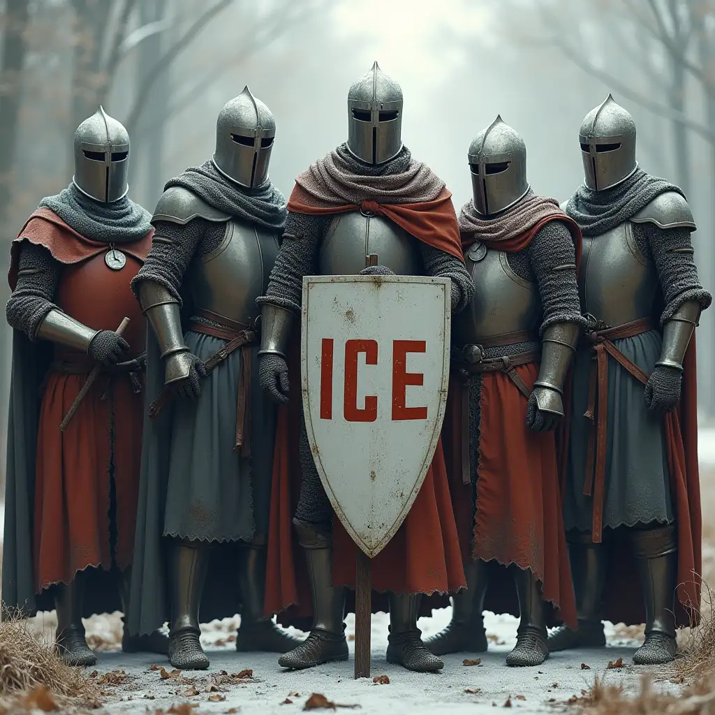 five old tired medieval knights without helmet. one has the shield with the word ICE