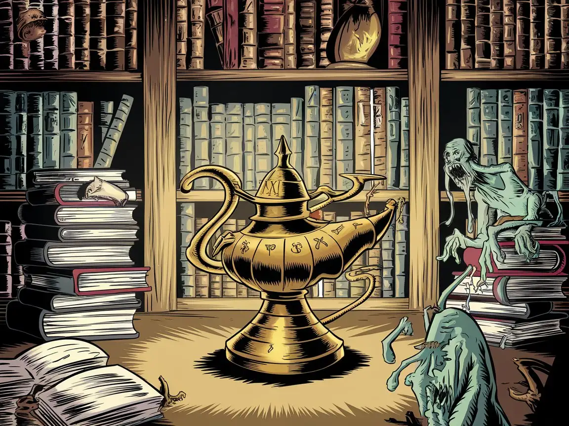 Lovecraft -Horror. In the foreground stands a golden djinn lamp in the form of an ornamental lamp from 1001 nights, adorned with symbols from the Necronomicon illuminating a room full of very old books on shelves and piles of books, monsters lurk around in lovecraft-style, underground comic-style, provocative, dirty, muddy, disgusting, slimy, greasy, shameless