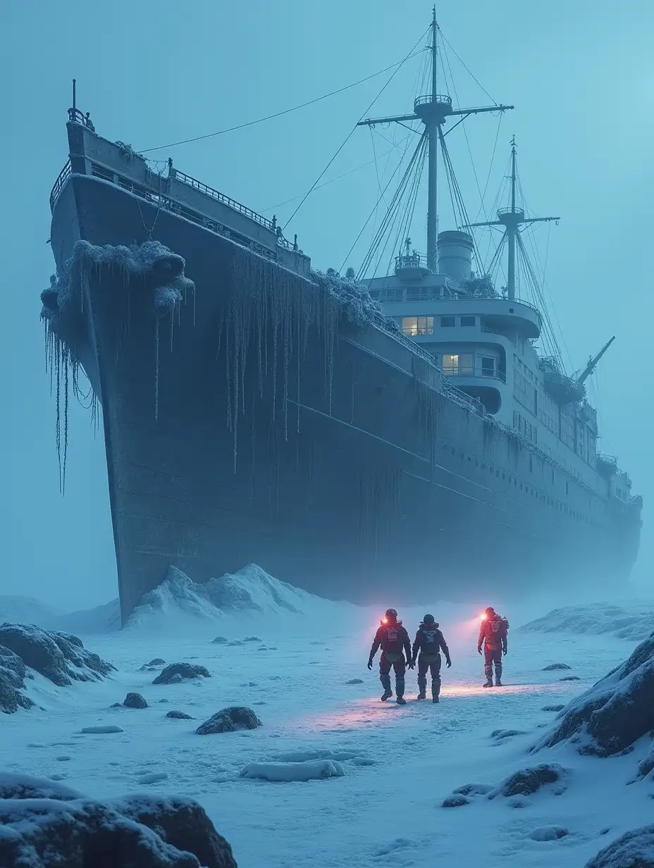 A chillingly detailed image of a massive, ancient shipwreck frozen in the Antarctic ice. The vessel’s hull is partially shattered, exposing skeletal remains of its crew, tangled in frost-covered ropes. Strange, alien-like growths have spread over the wreck, glowing faintly in the dim Antarctic light. The surrounding ice field is littered with artifacts and unsettling remnants, including a massive claw mark etched into the ship’s side. A team of explorers approaches cautiously, their headlamps casting elongated, ghostly shadows, while the cold wind howls through the icy wasteland.