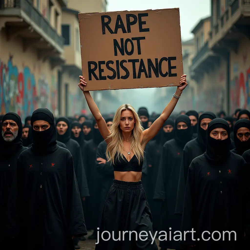 Fearless-Woman-Holding-Protest-Banner-in-Confrontational-Urban-Scene