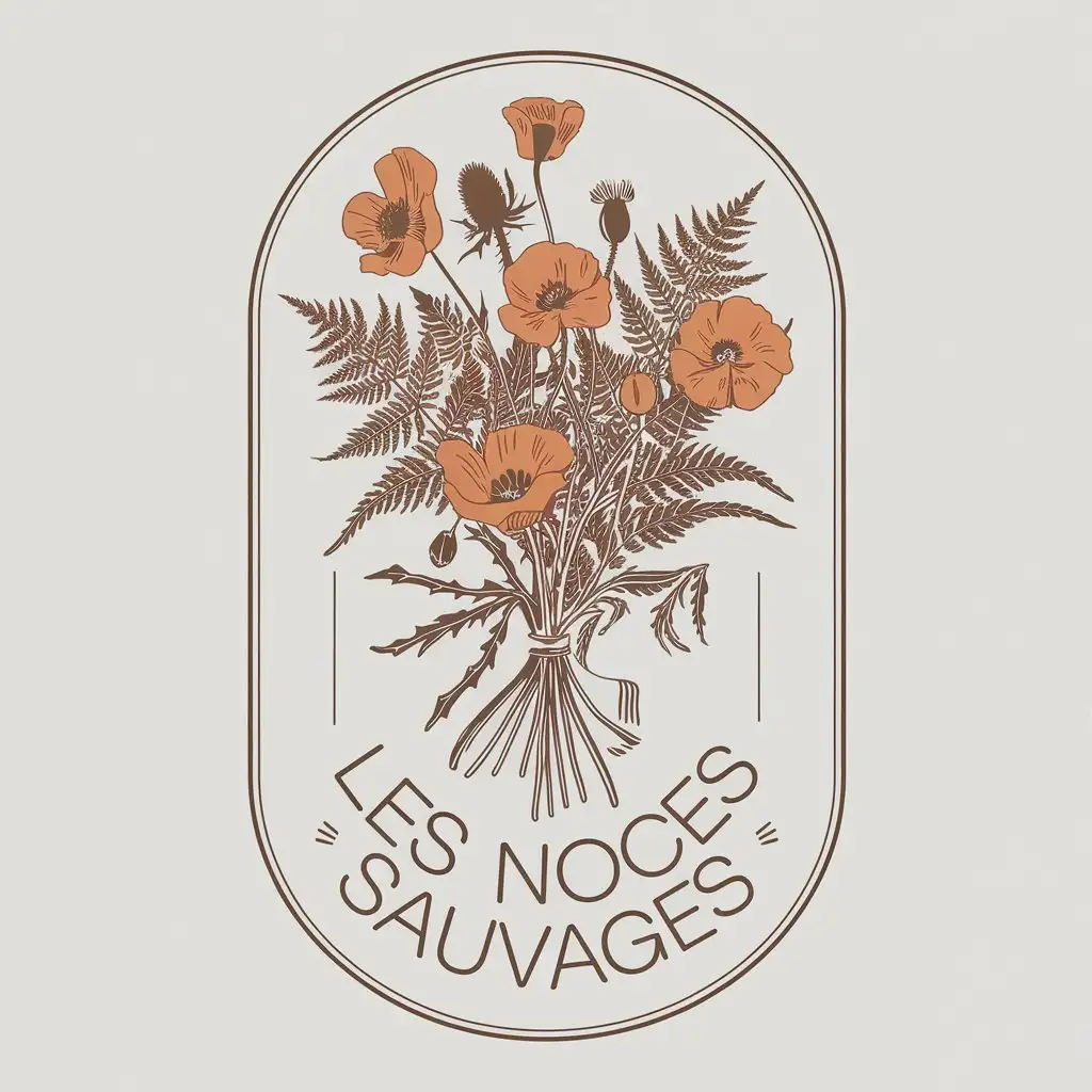 LOGO Design For Les Noces Sauvages Vintage Label with Bunch of Ferns Poppies and Thistle