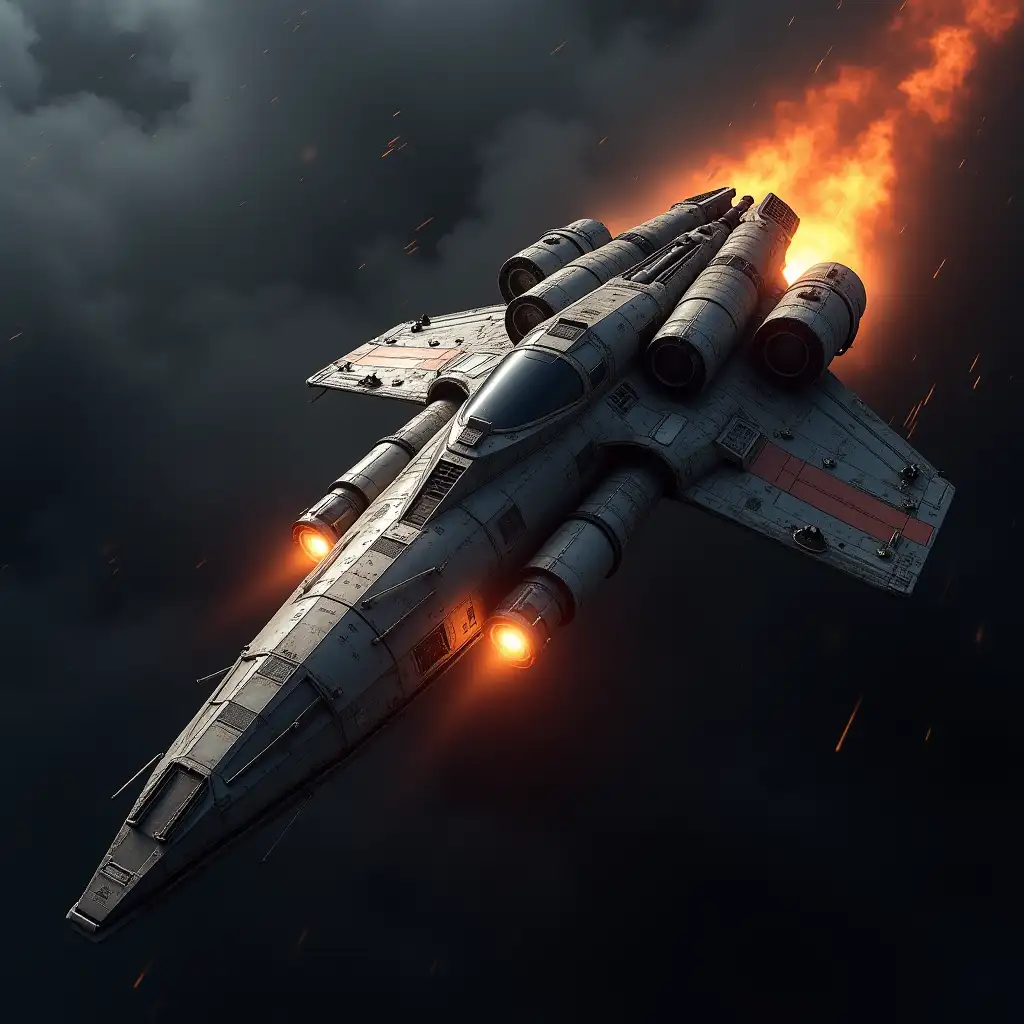 a spaceship with engines making a small trail of fire behind it, seen from above