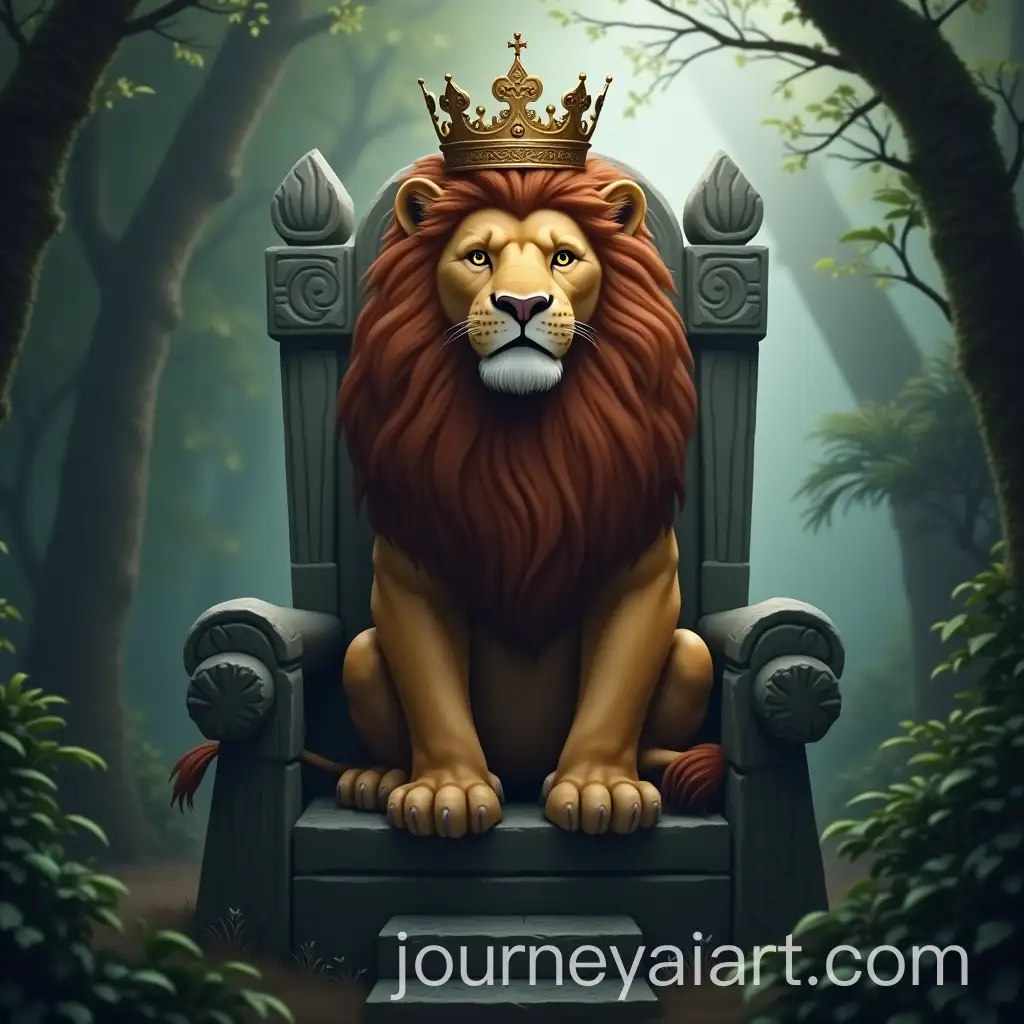 Lion-Wearing-Royal-Crown-Sitting-on-Throne-in-Misty-Jungle