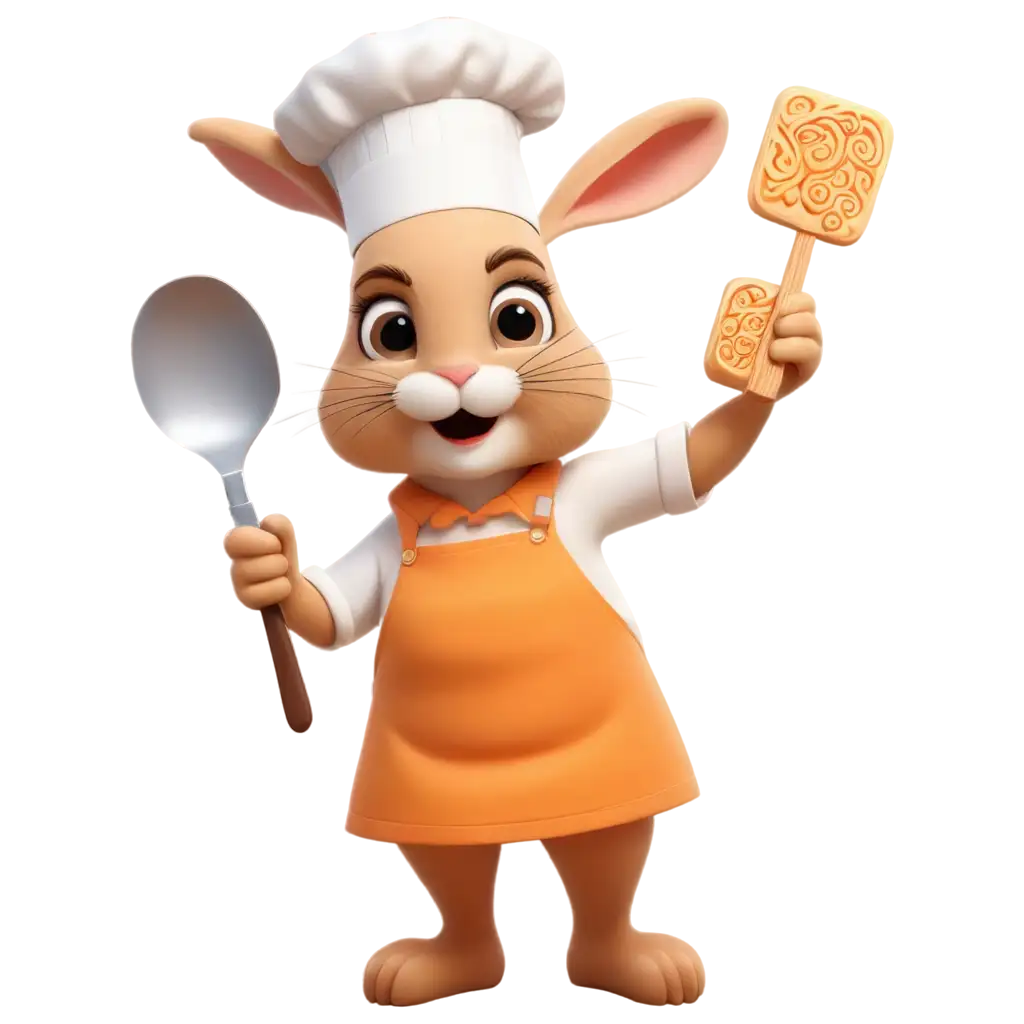 Generate an image of a chef rabbit holding a trowel, making mooncakes with a flat illustration style and rich pose