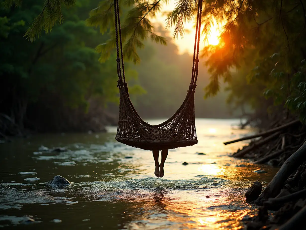 Rattan-Swing-Shaped-Like-Raindrops-Over-a-River-in-a-Mangrove-Forest-at-Sunset