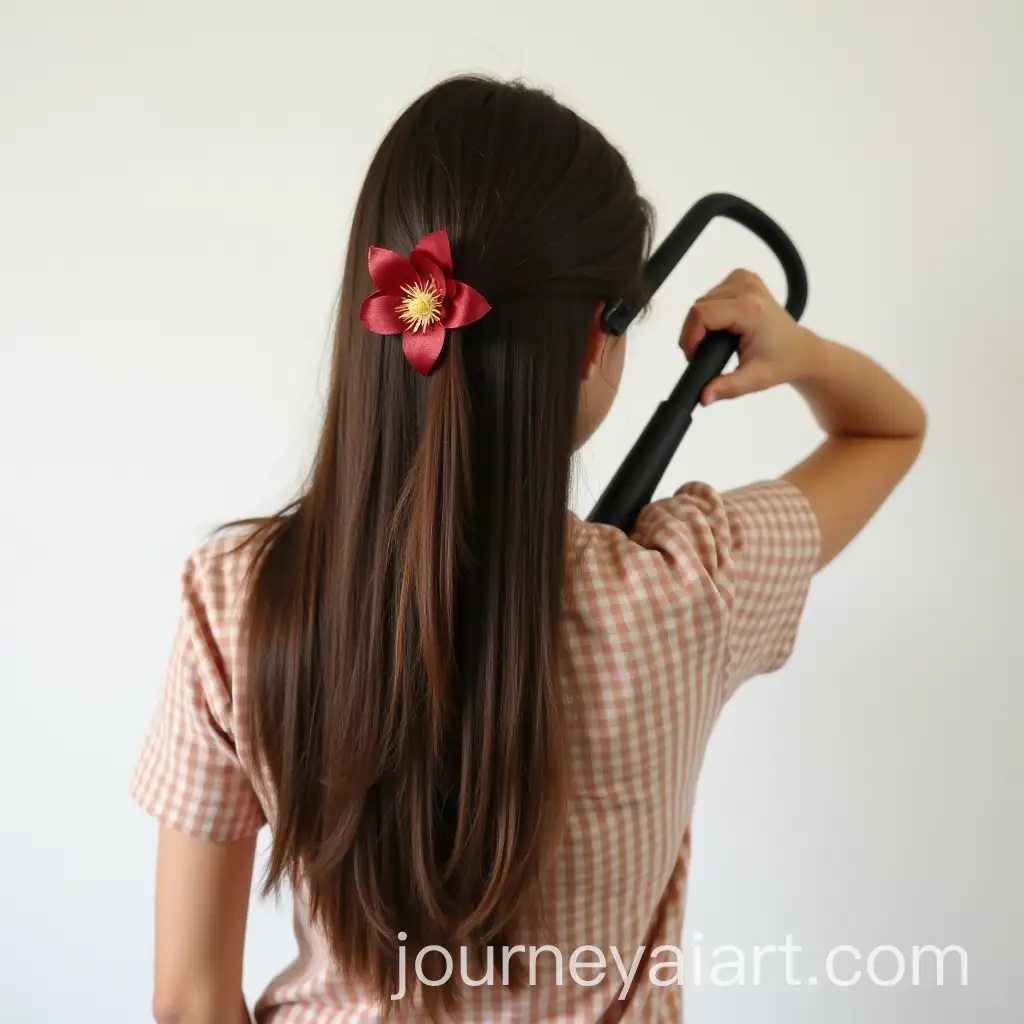 Girl-Holding-Hair-Iron-with-Spider-LilyAI-Image-Expansion-Clip-in-Hair