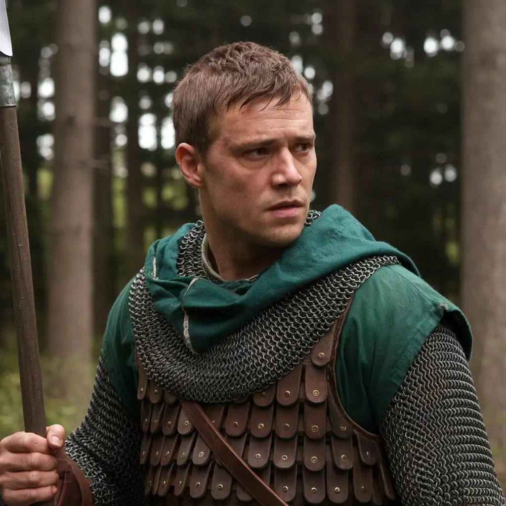 Human-Soldier-in-Chain-Mail-Armor-Holding-a-Spear-in-a-Green-Smock