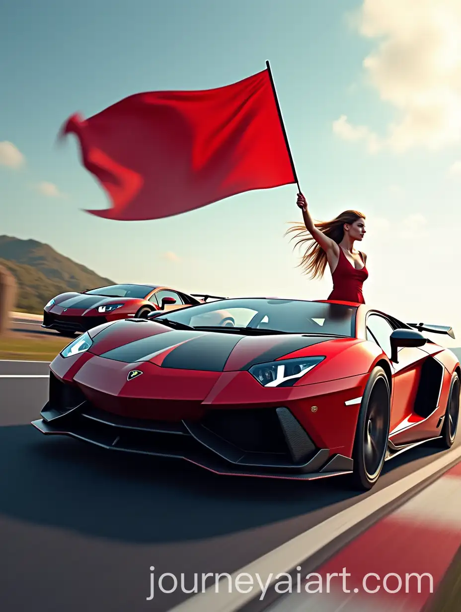 HighPerformance-Sports-Cars-and-Race-Flag-Girl-on-Winding-Desert-Road