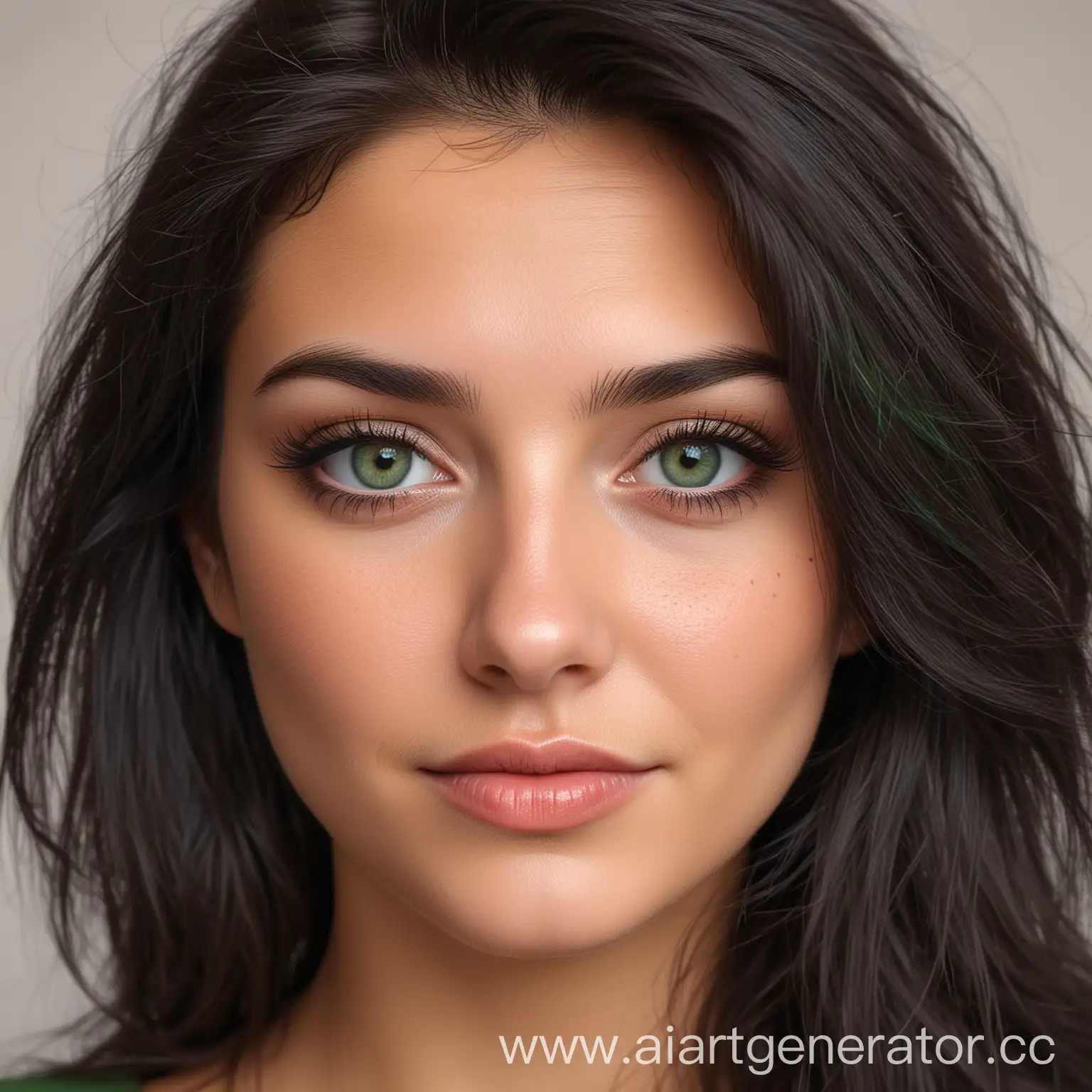 Realistic-Profile-Photo-of-a-Happy-DarkHaired-Girl-with-Green-Eyes-and-Moles