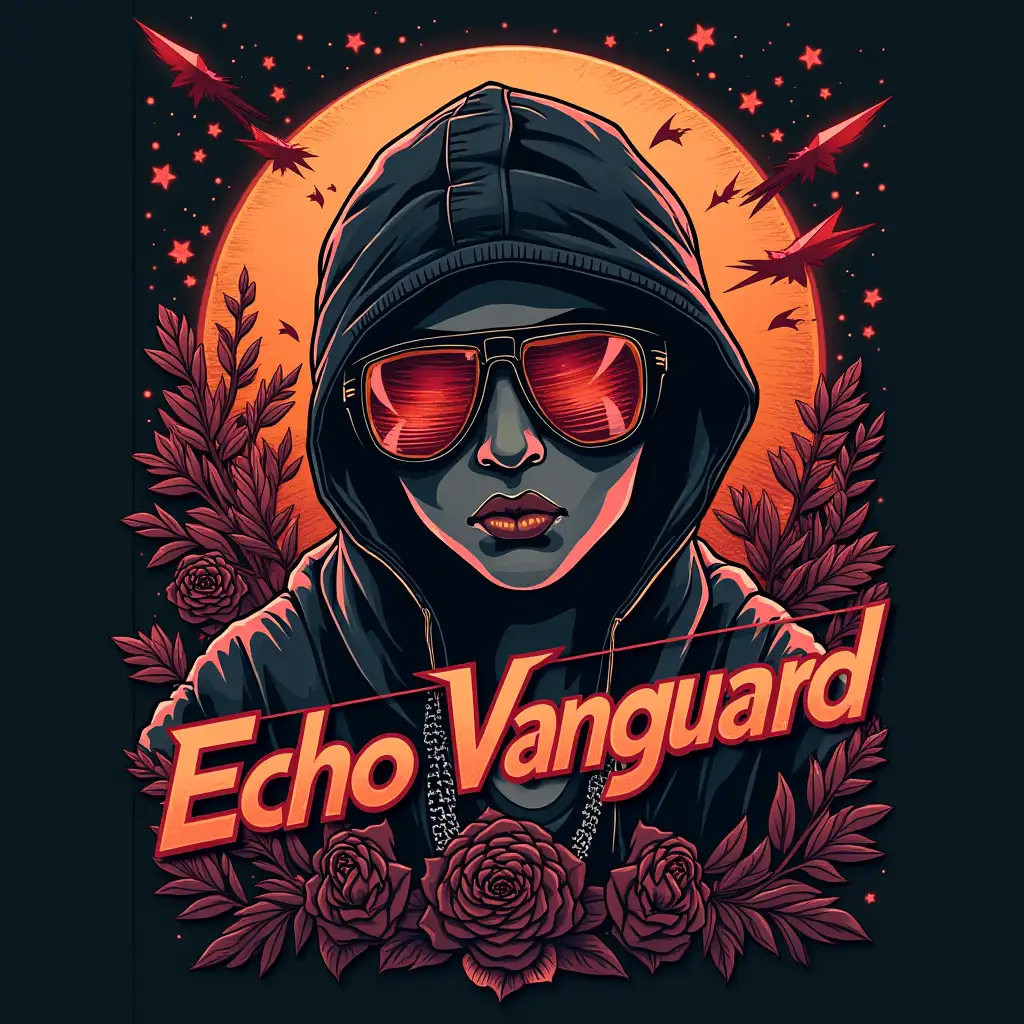 A design suitable for T-Shirt printing, for a Music Artist 'Echo Vanguard', the art is very artistic and related to Hip-Hop music indestry.