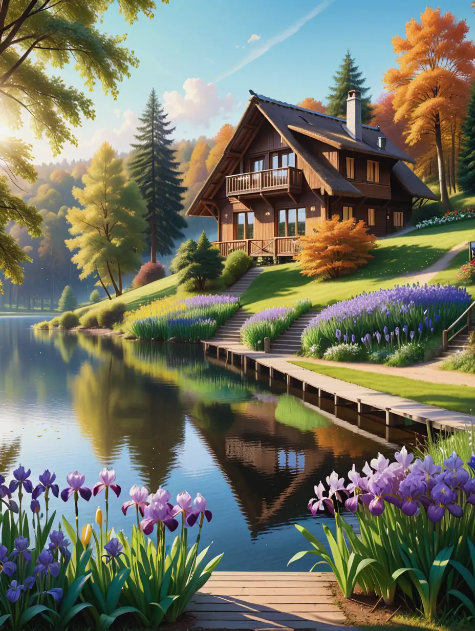 Chalet-by-a-Serene-Lake-in-Early-Autumn-with-Irises-in-Bloom