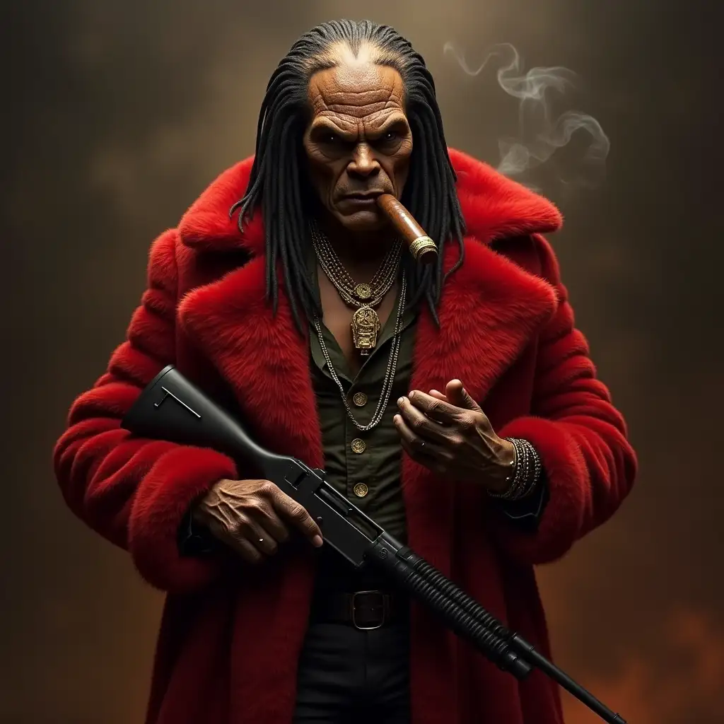 Yautja from the predator franchise, he wears a red mink coat, he holds a big cigar in his hand, he holds a rifle in the other hand, he wears gold jewelry, smokey background, hellish background