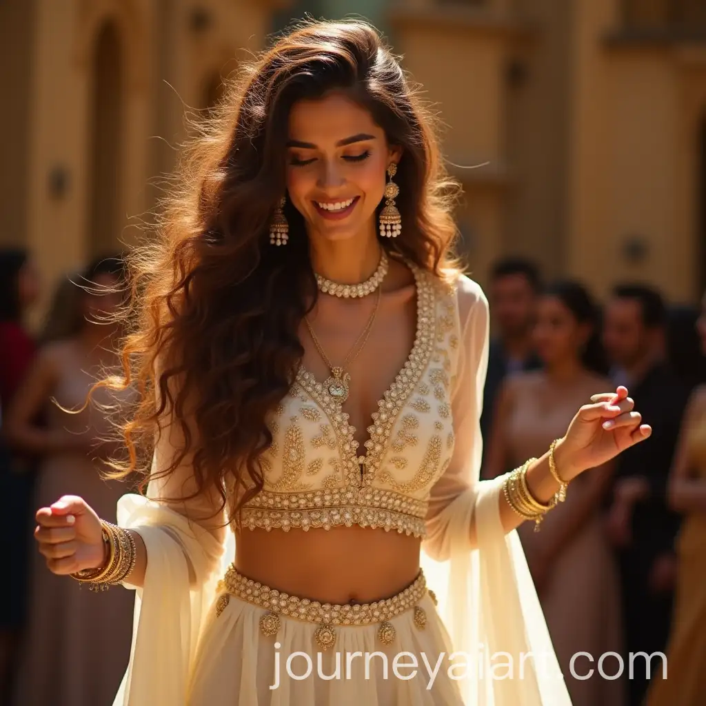 European-Bride-Dancing-at-Traditional-Indian-Party-in-White-and-Gold-Outfit