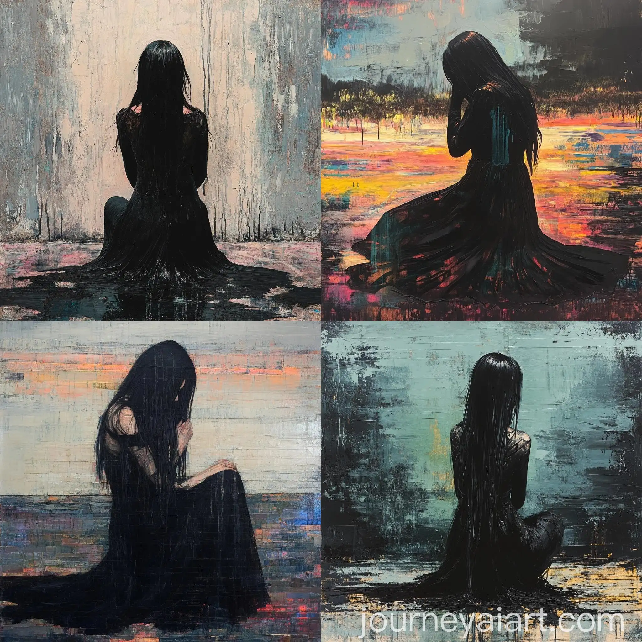Girl-in-Long-Black-Dress-Kneeling-Glitch-Art-Oil-Painting