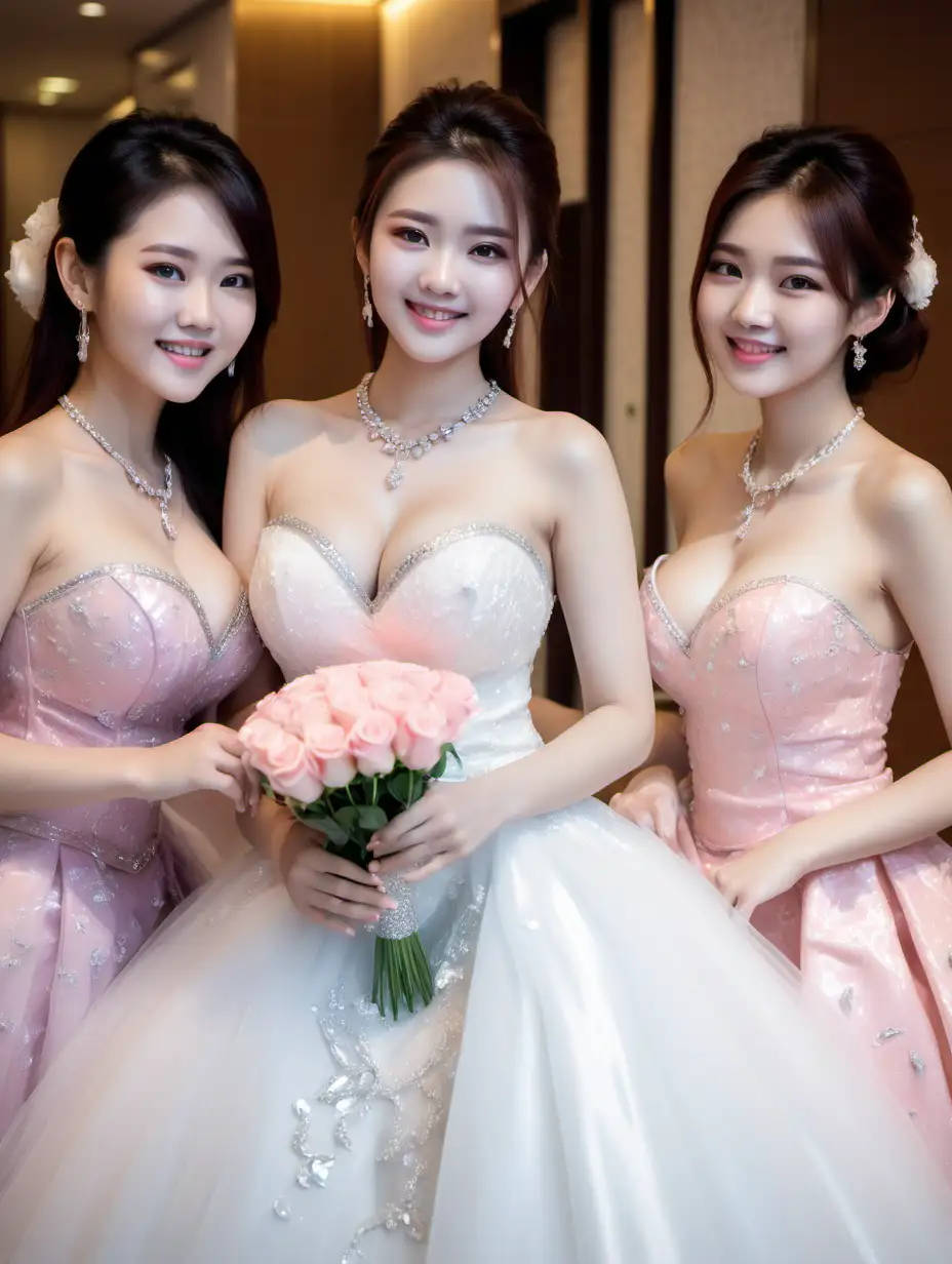 Three-Female-Models-in-Wedding-Dresses-with-Roses-in-Pastel-Lilac-Smiling-in-a-Luxurious-Hotel-Setting