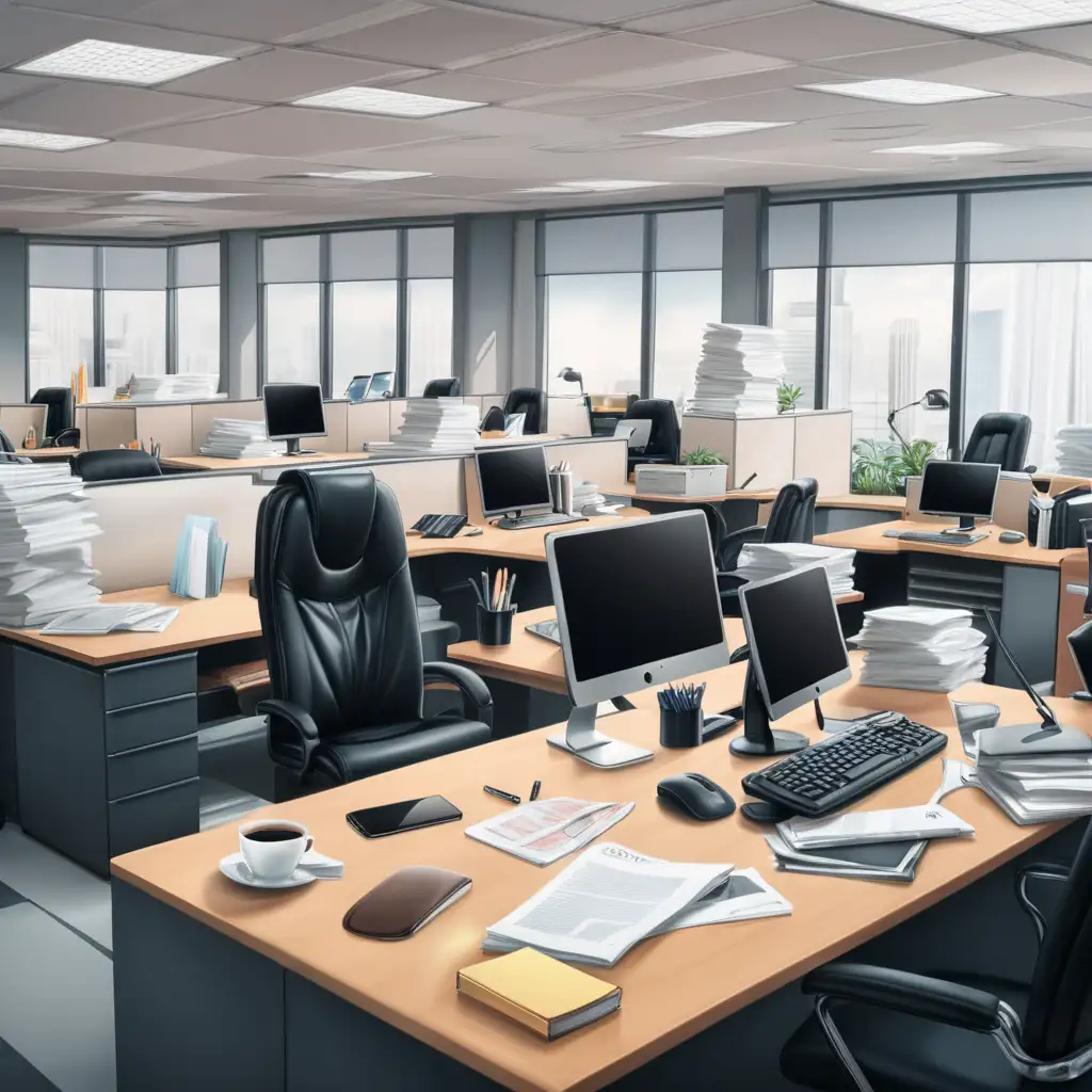 Chaotic Office Environment with Disorganized Workstations and Frustrated Employees