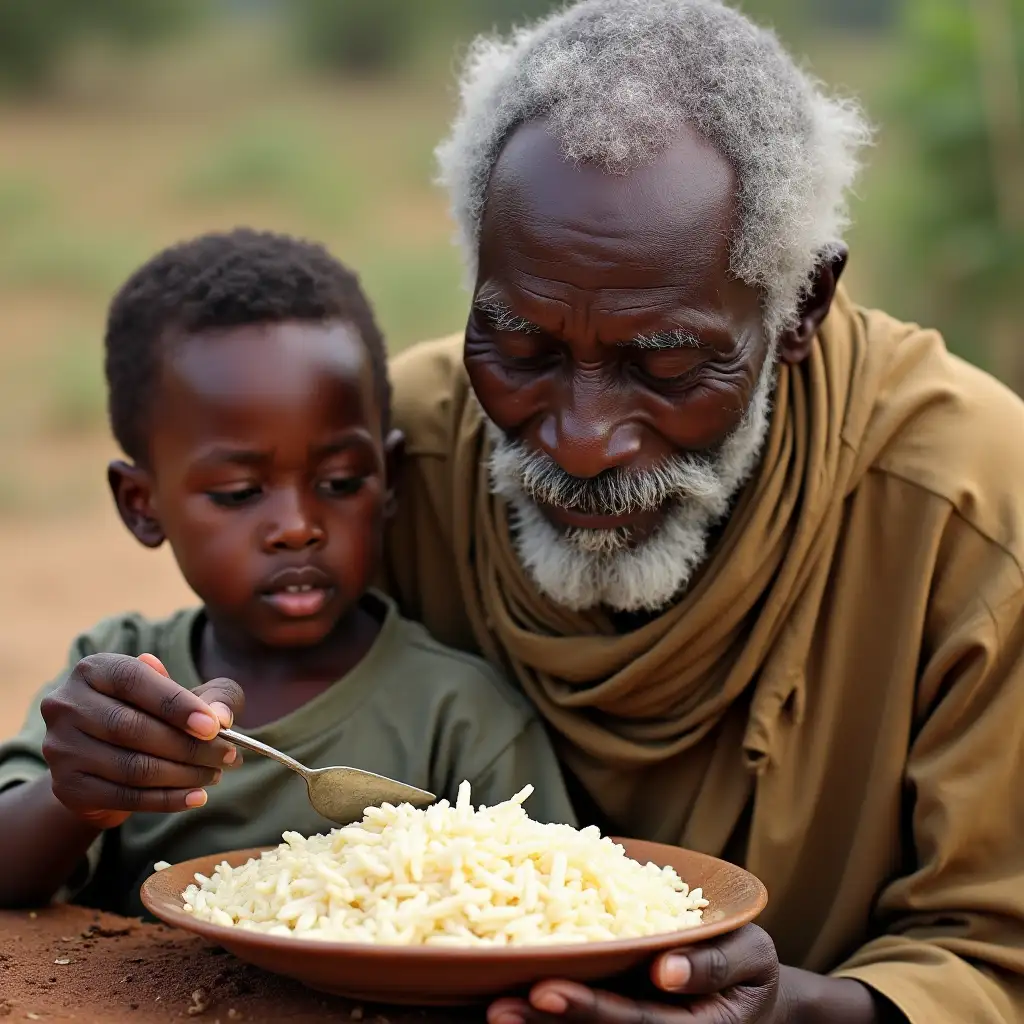 Elderly-African-Man-Sharing-Rice-with-Grandson-in-Village-Setting