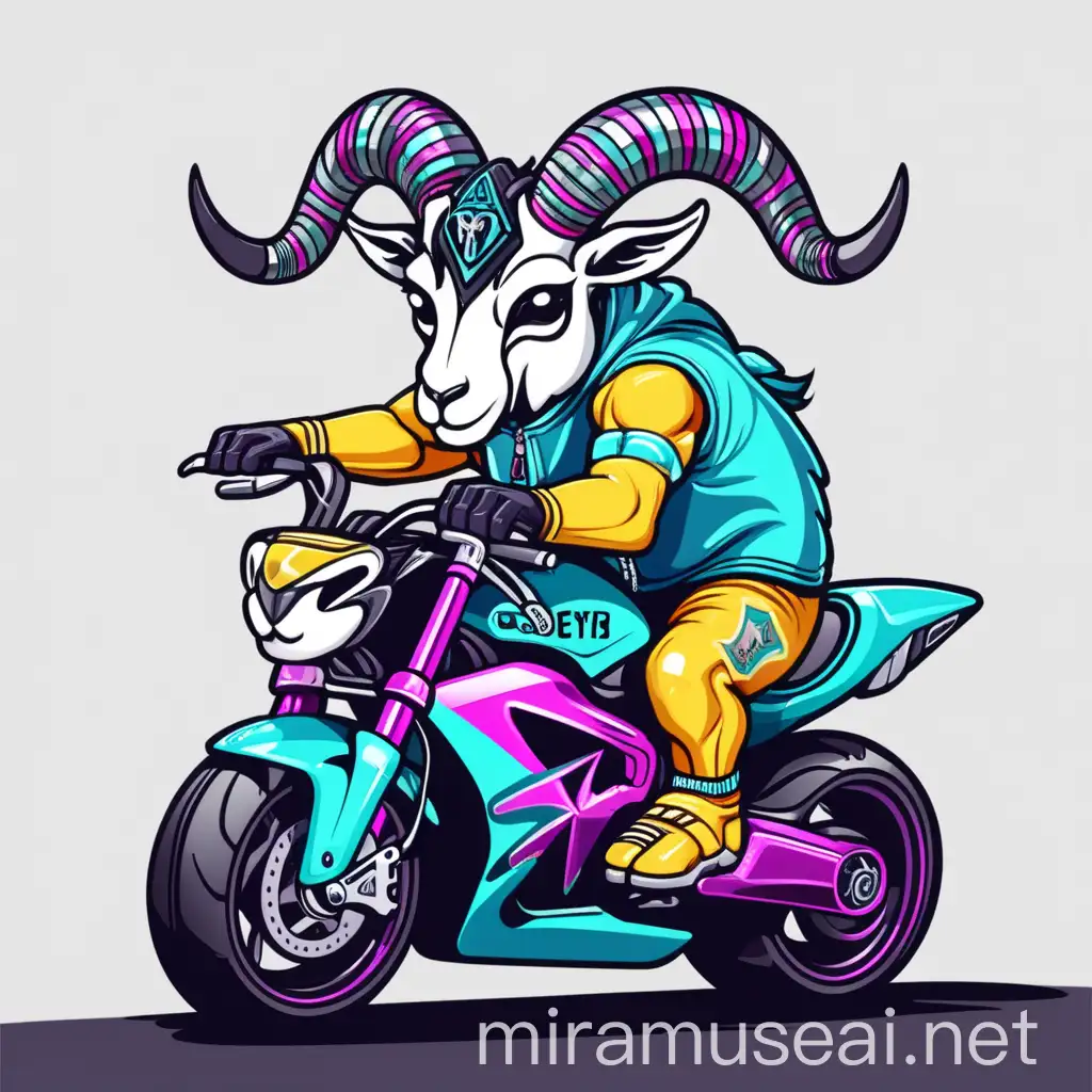 Colorful Goat Baphomet Riding Sportbike in Racing Style