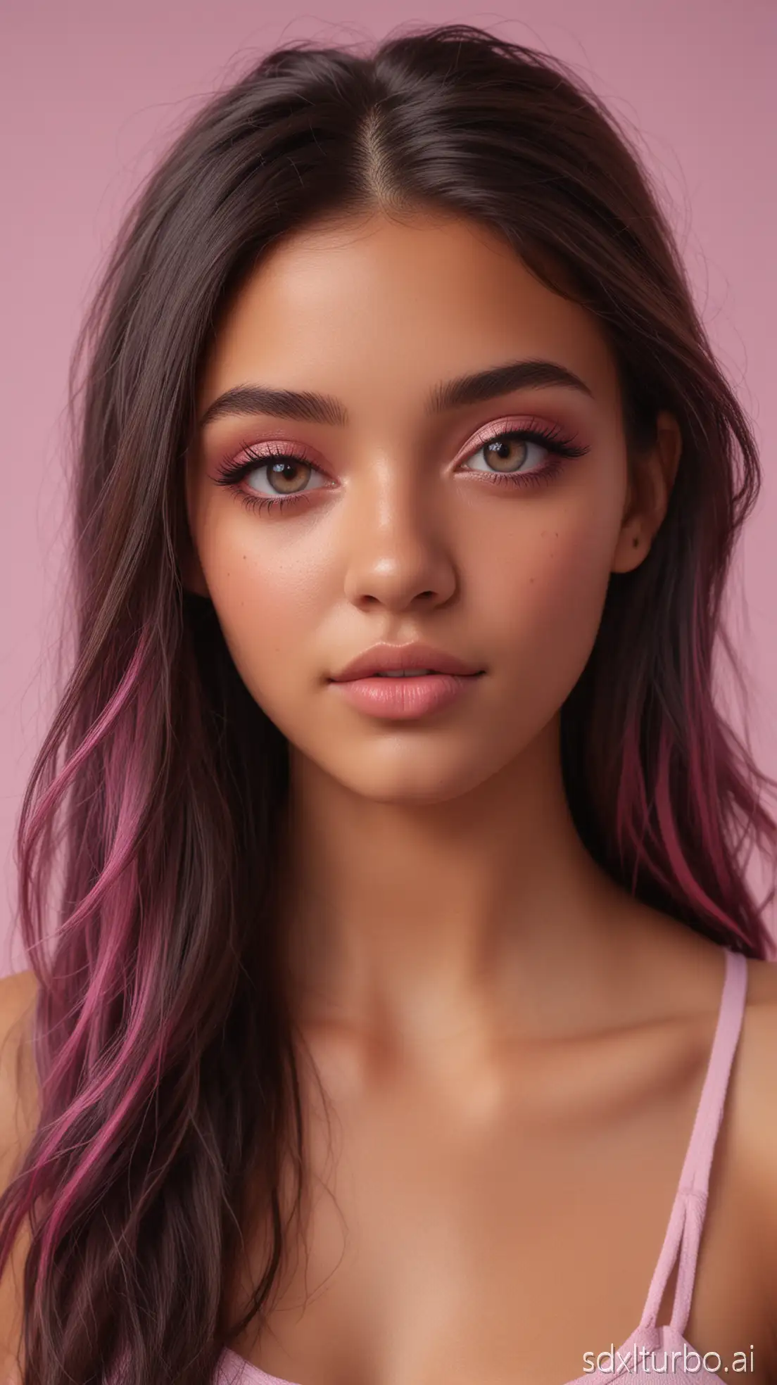Photorealistic 20-year-old Gen-Z female influencer, mixed ethnicity, smooth slightly tanned skin, expressive light brown eyes, long dark hair with pastel pink and purple tips, subtle makeup, confident playful expression, cinematic lighting, shallow depth of field, high resolution, modern trendy style, Gen-Z aesthetic