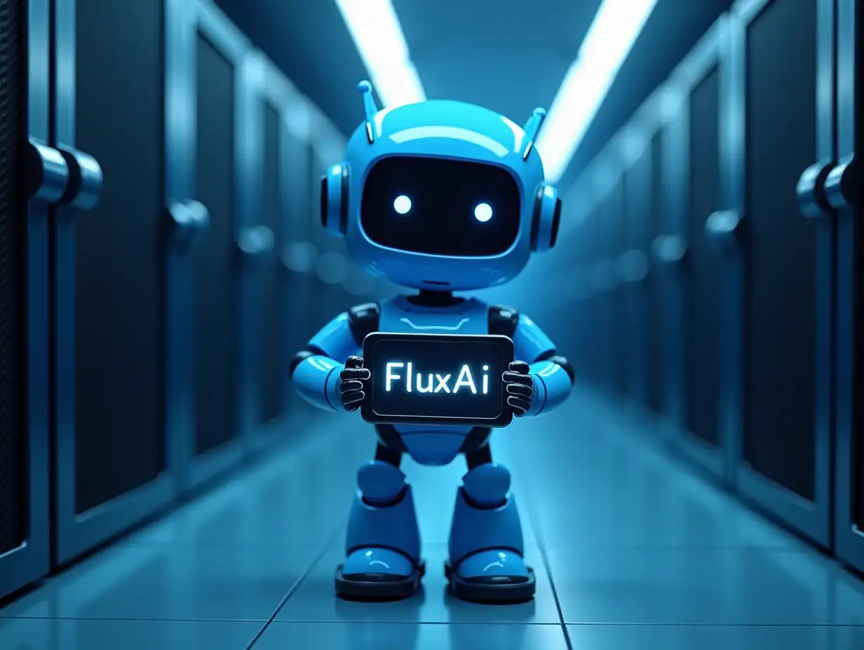 Create a robot blue, on a gray background among the servers with a sign in his hands on which will be written:FluxAI The choice is yours