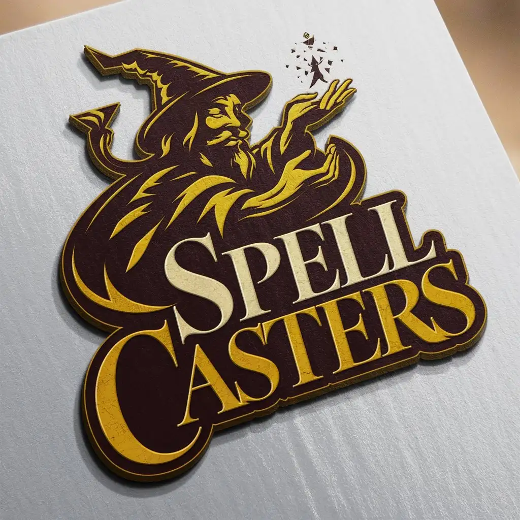 LOGO Design for Spell Casters Fantasy Wizard Hat Wordmark with Golden Yellow and Miniature 3D Printing Theme