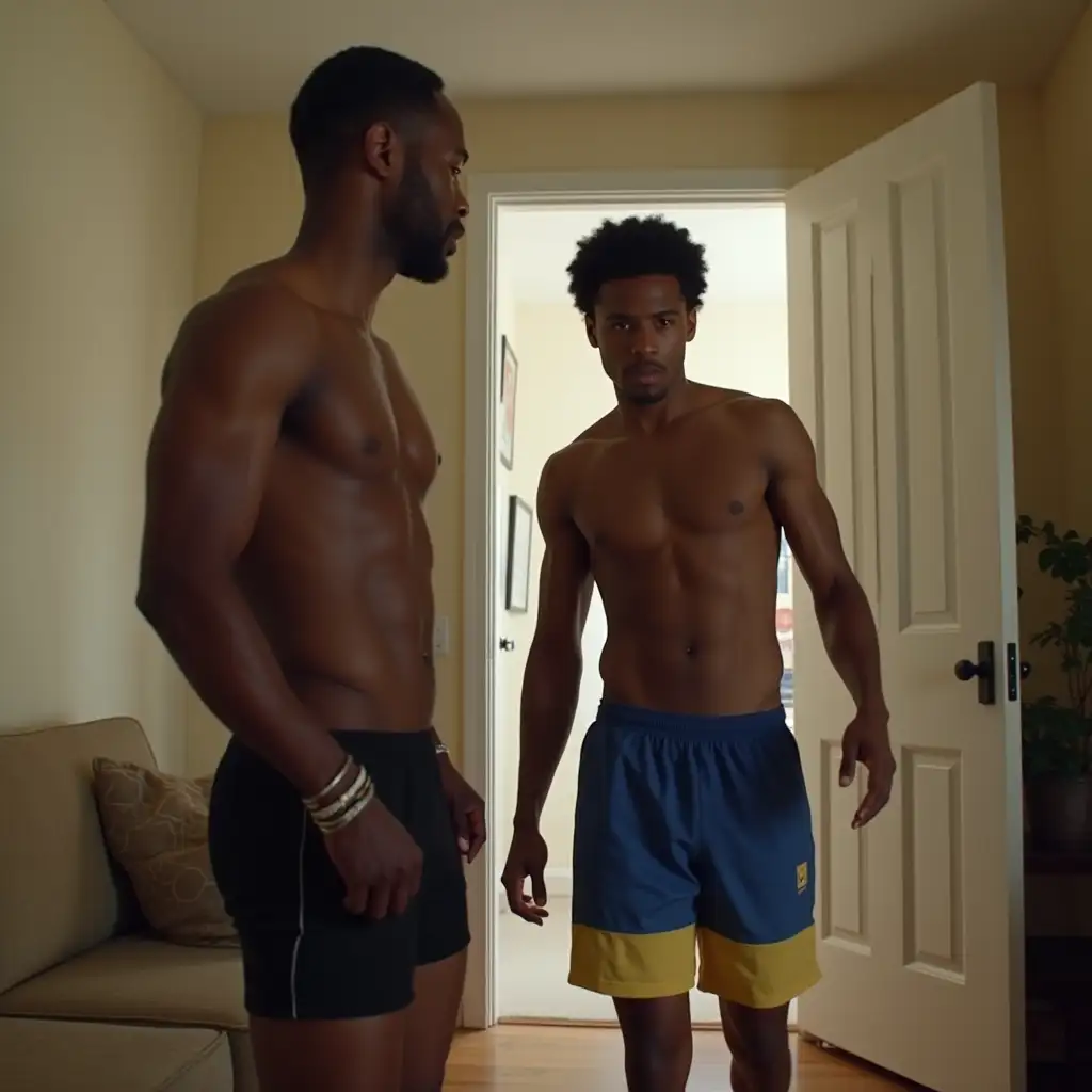 Two-Shirtless-Men-in-Black-Boxershorts-Hiding-in-Living-Room-as-Woman-in-Blue-and-Yellow-Clothes-Enters