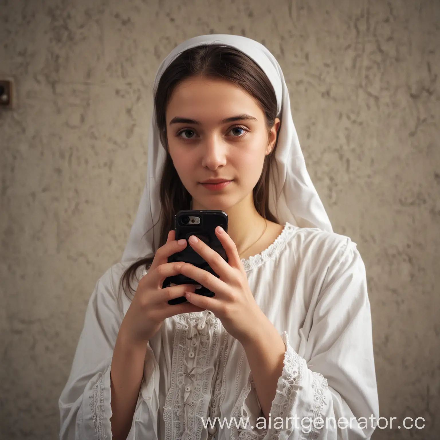 Modest-Orthodox-Girl-Taking-Selfie-with-Phone-Camera