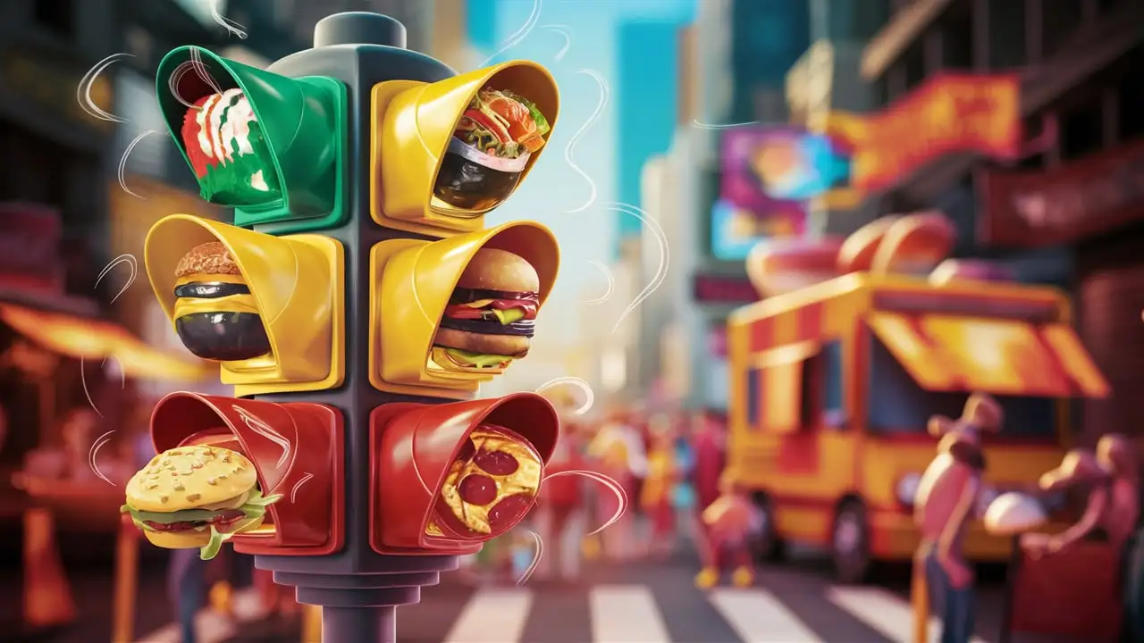 Colorful Traffic Light Illustration with Food Theme