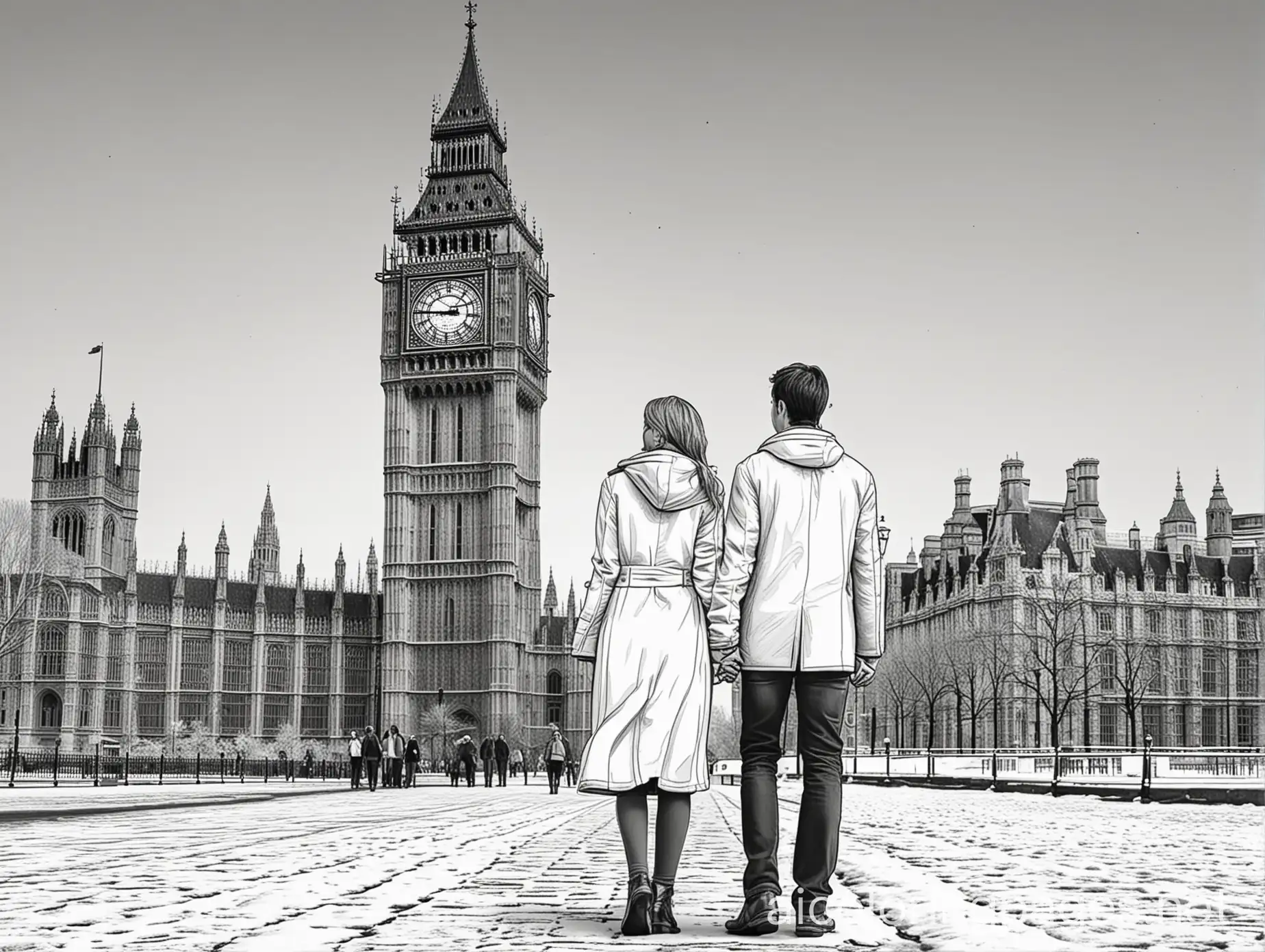 Young-Couple-Holding-Hands-in-Front-of-Big-Ben-Winter-Coloring-Page