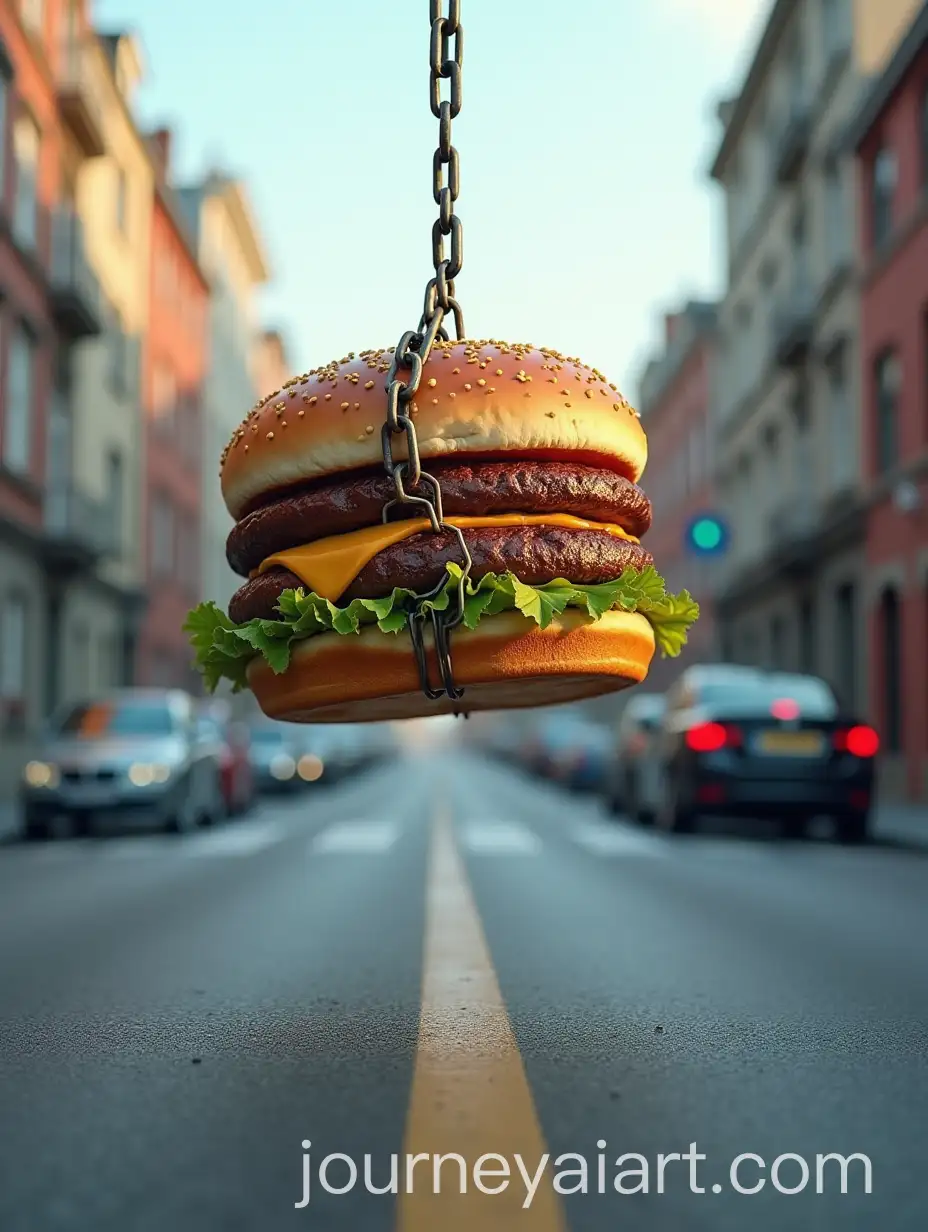 Surreal-Floating-Hamburger-Suspended-Above-Quiet-City-Street