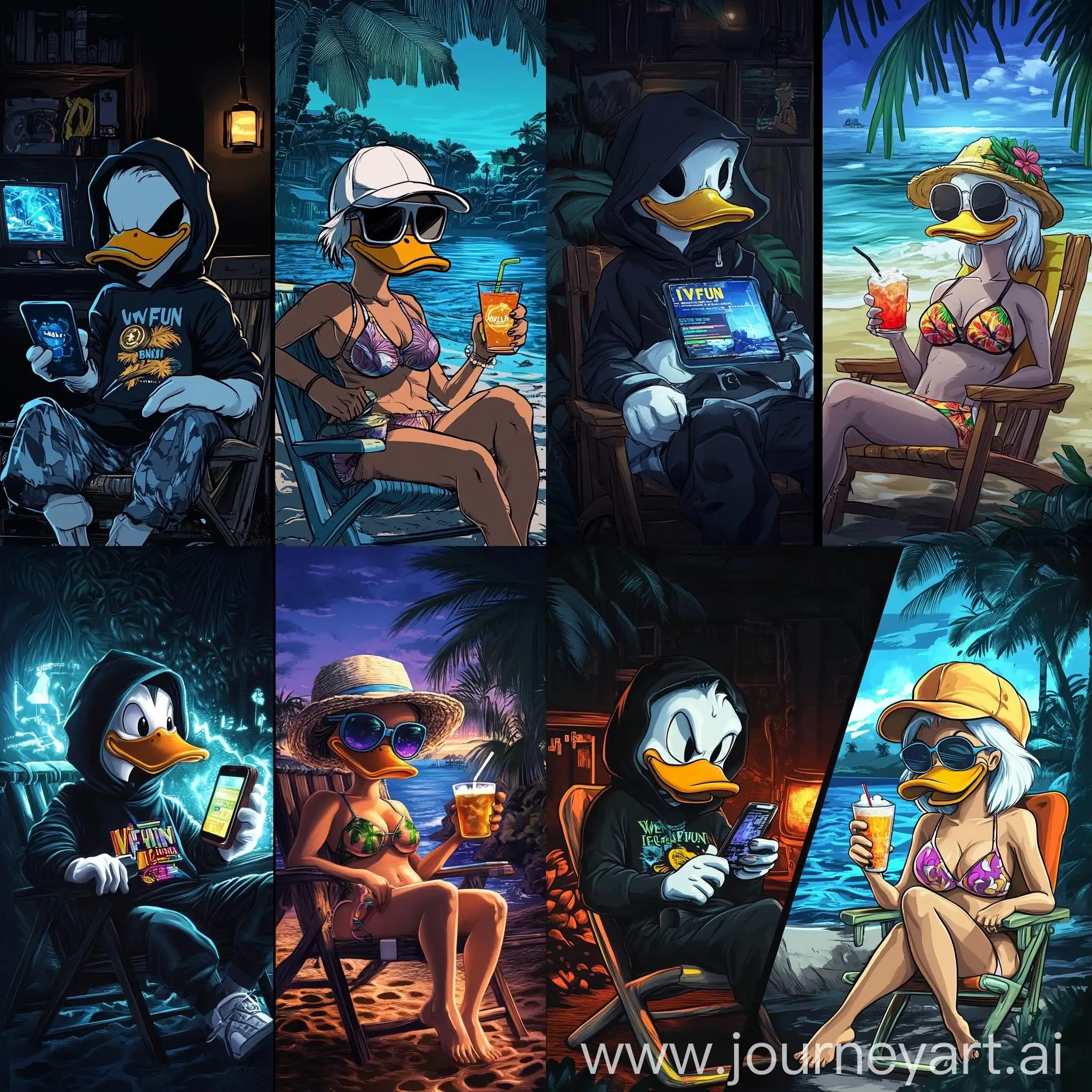 Dual-Scene-Hackers-Lair-and-Tropical-Beach-with-DuckHeaded-Characters