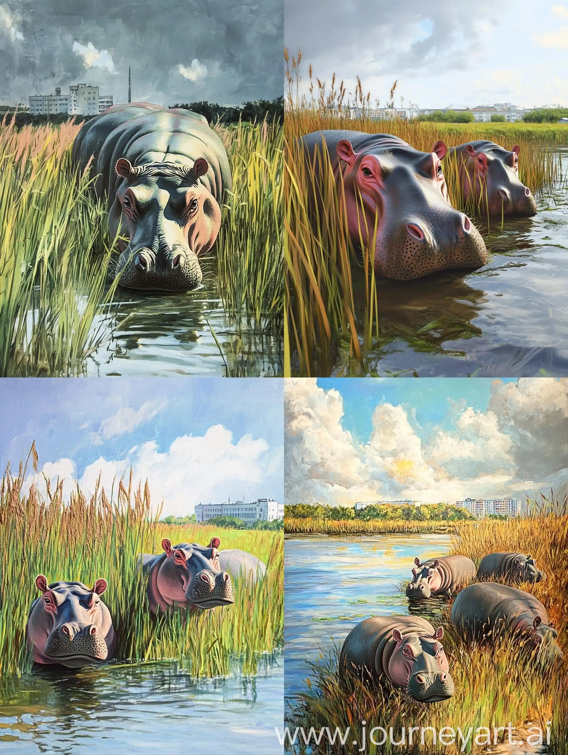 Hippos-Grazing-in-Tall-Grass-by-the-Water