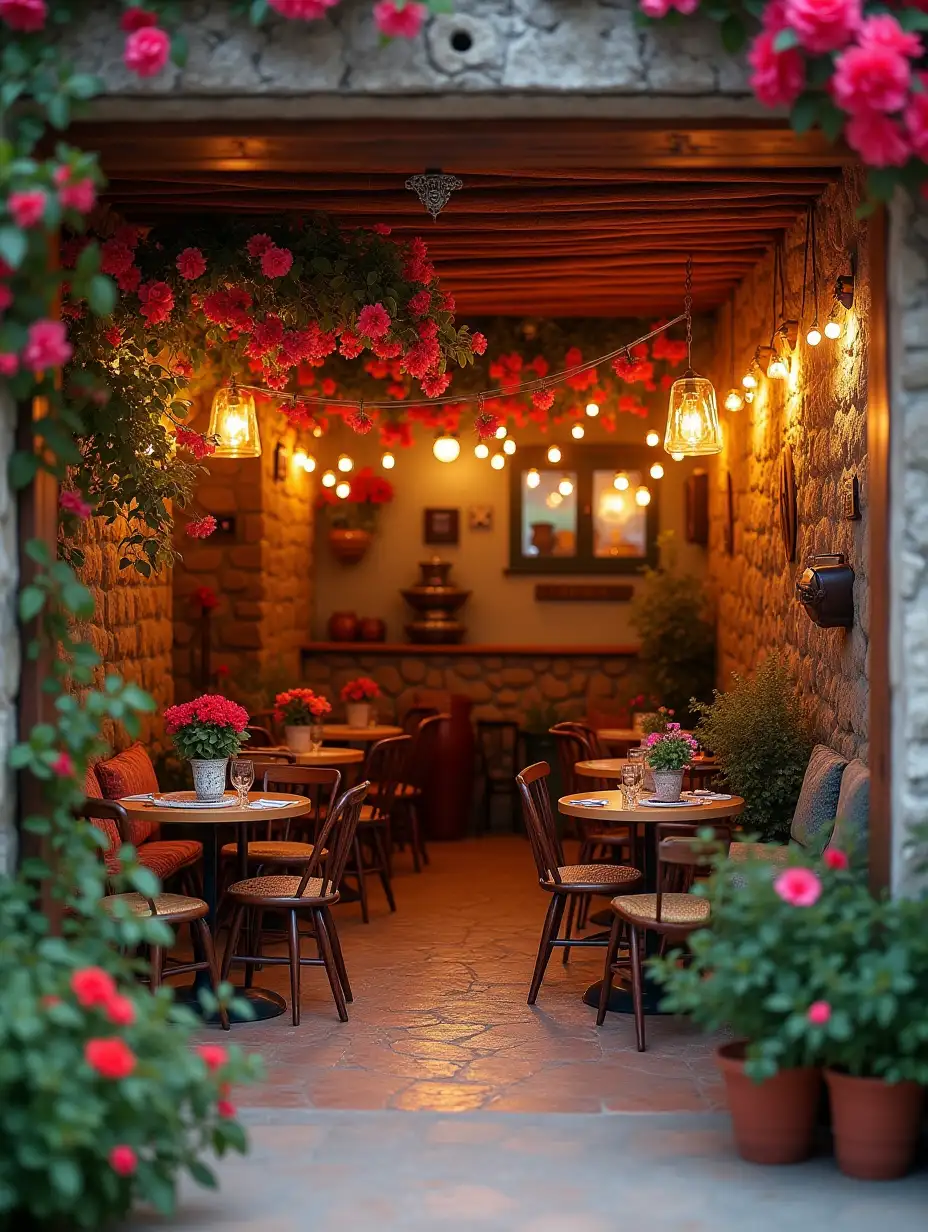 wide view, front view of a cafe, pebble walls, string lights, bougainvillea flowers everywhere, gypsy aesthetics, evening light, cozy tones, aesthetically beautiful furniture, ancient ceiling light, flower pots, ghibli style, outdoors, cozy atmosphere, micro landscape, intrinsic details