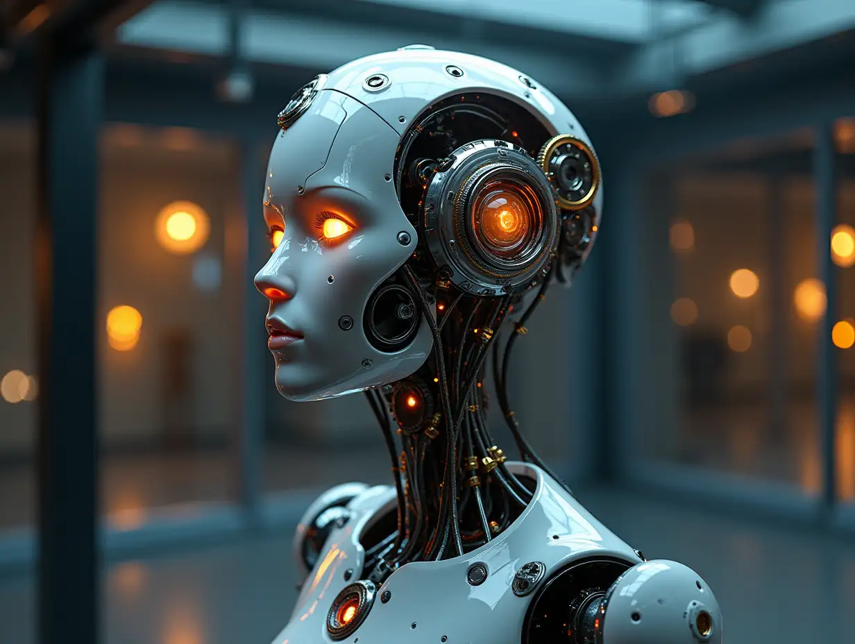 Create a high-resolution, realistic image of the artificial intelligence Robert with a metal and glass head with gears, lightwave guides, LED light face 3d 4k resolution with gold and silver ornaments in a robot room on a wired cube with lights