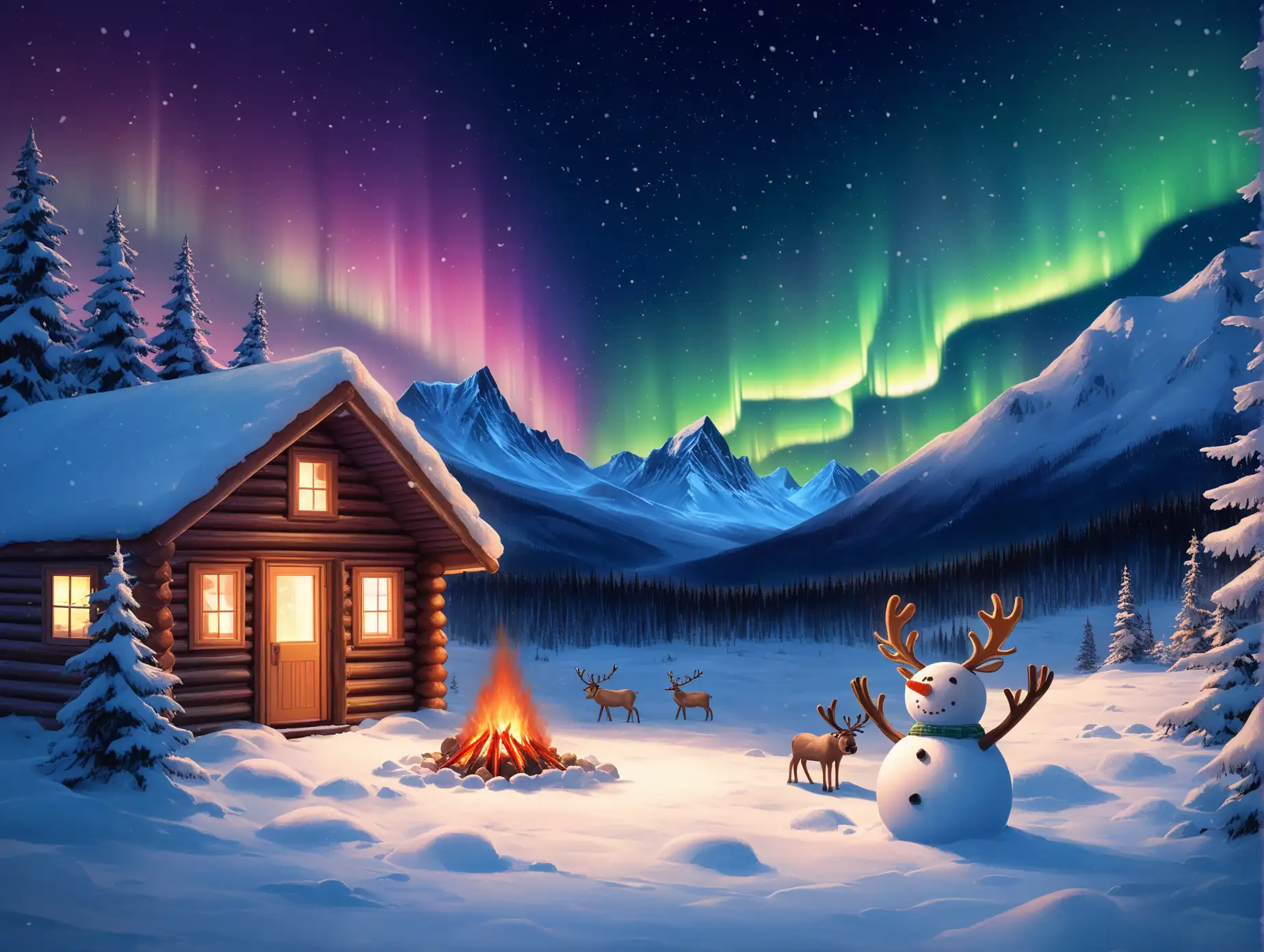 Serene-Snowy-Mountain-Valley-with-Aurora-Borealis-and-Cozy-Cabin