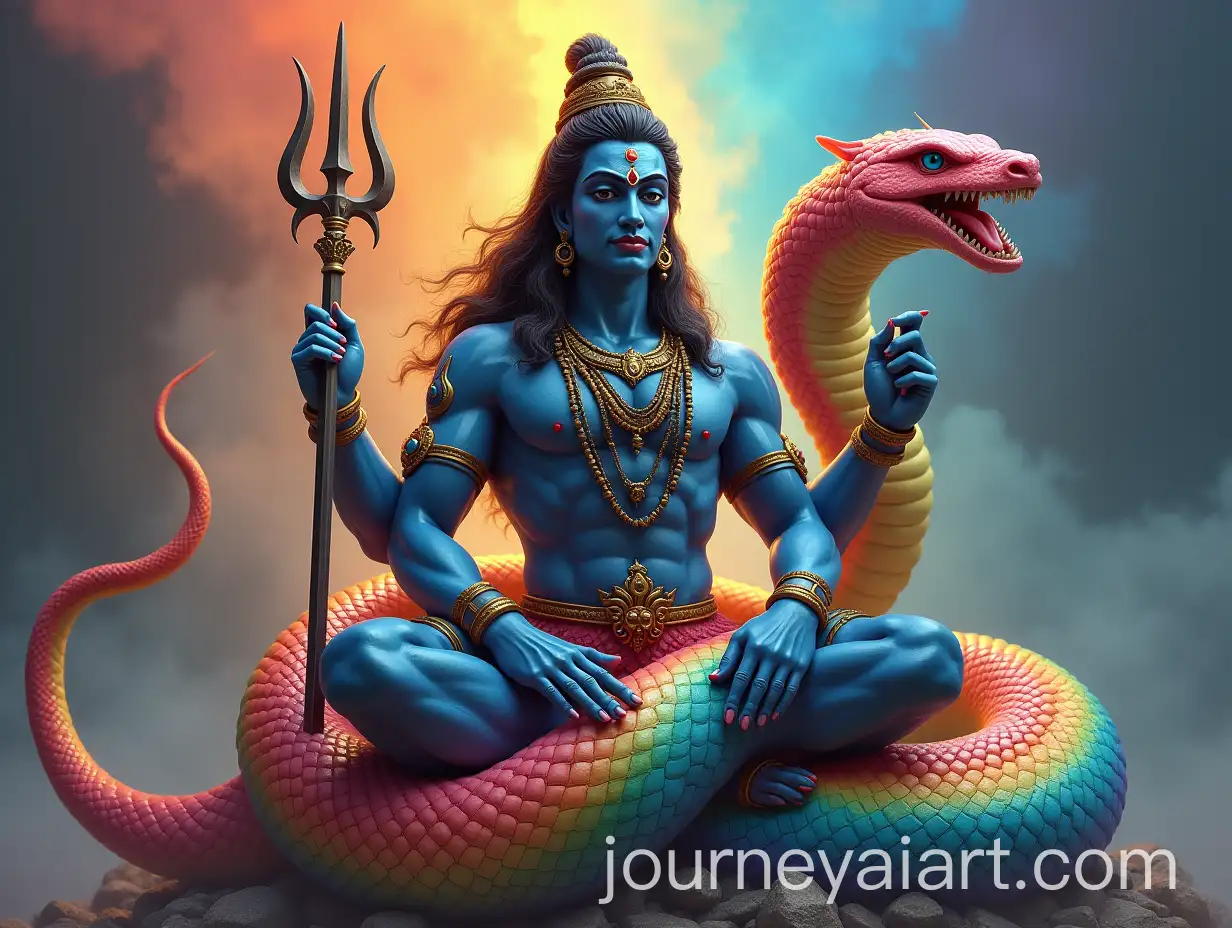 Lord-Mahadev-with-a-Giant-RainbowColored-Snake