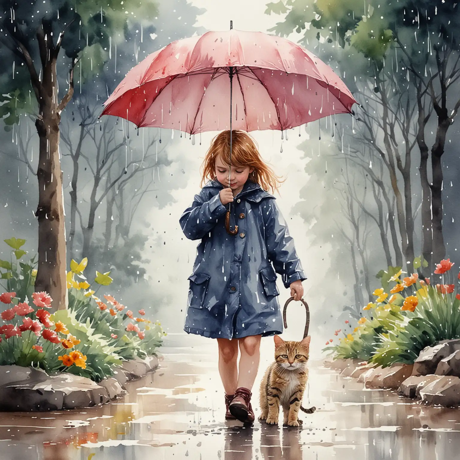 Child and Cat Sheltering from Rain under Umbrella in Watercolor Painting