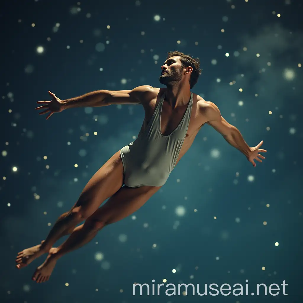 Man in a Swimsuit Soaring Through Interstellar Space