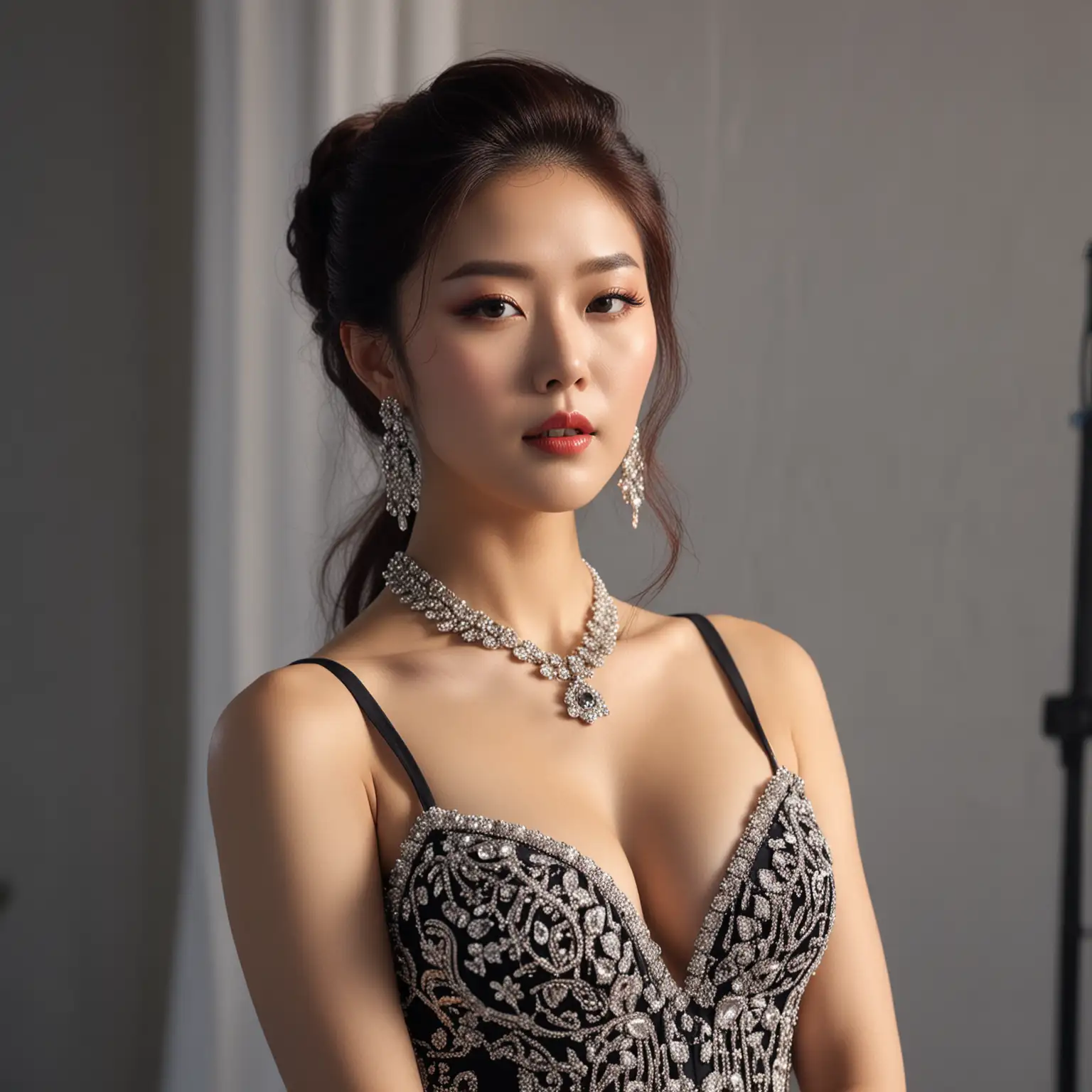 Korean-Race-Queen-in-Elegant-Dress-and-Haute-Couture-Jewelry-Posing-Seductively-in-Luxury-Hall